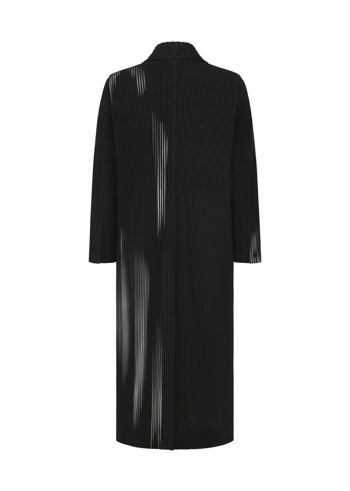 Zoomed view The IN THE SHADOW by HOMME PLISSÉ ISSEY MIYAKE is a long black pleated jacket with vertical ribbing, subtle highlights, a straight back silhouette, and three-quarter length sleeves.
