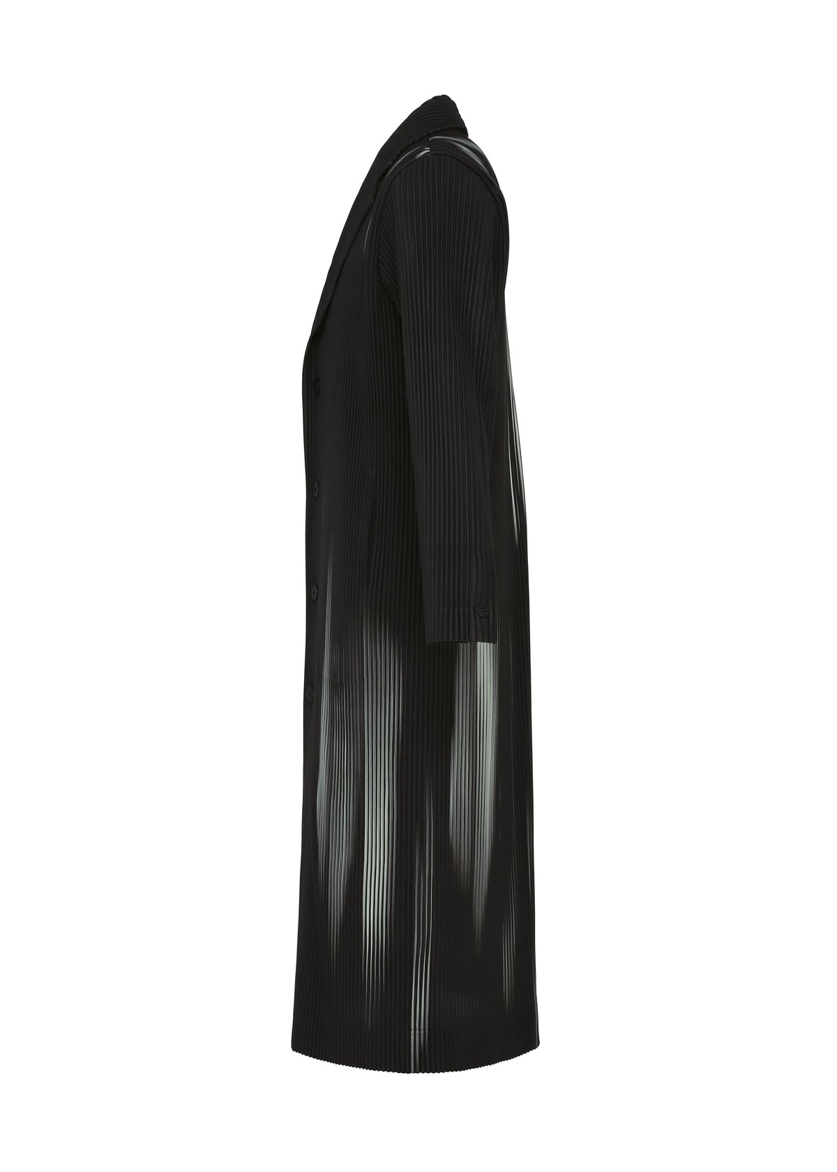 Zoomed view IN THE SHADOW by HOMME PLISSÉ ISSEY MIYAKE: a long black designer coat with a notched collar, three-quarter sleeves, and light vertical streaks for an optical-illusion stripe effect. Shown from the side.