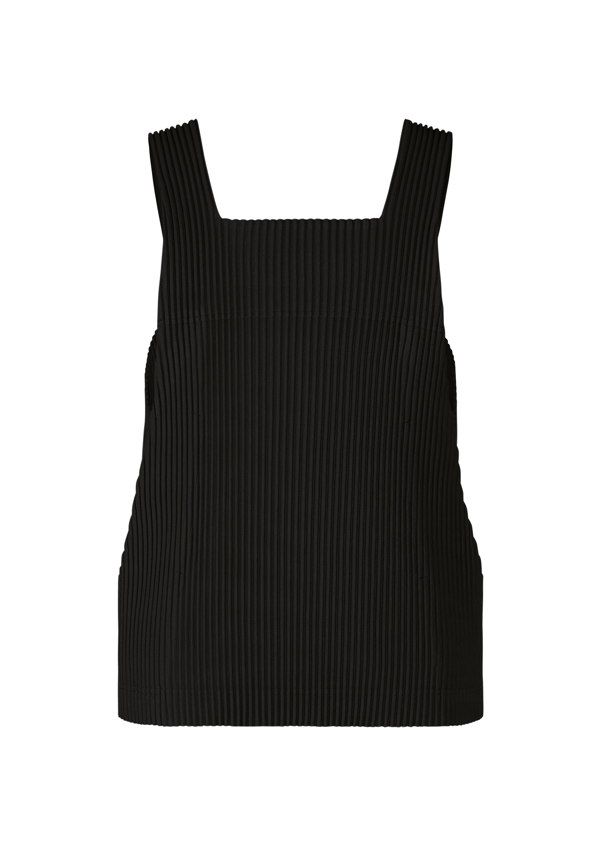Zoomed view MONTHLY COLORS : AUGUST by HOMME PLISSÉ ISSEY MIYAKE—a sleeveless black top featuring a square neckline and vertical pleated texture, crafted from quick-drying polyester for lightweight comfort—displayed on a plain white background. - BLACK （no.15）