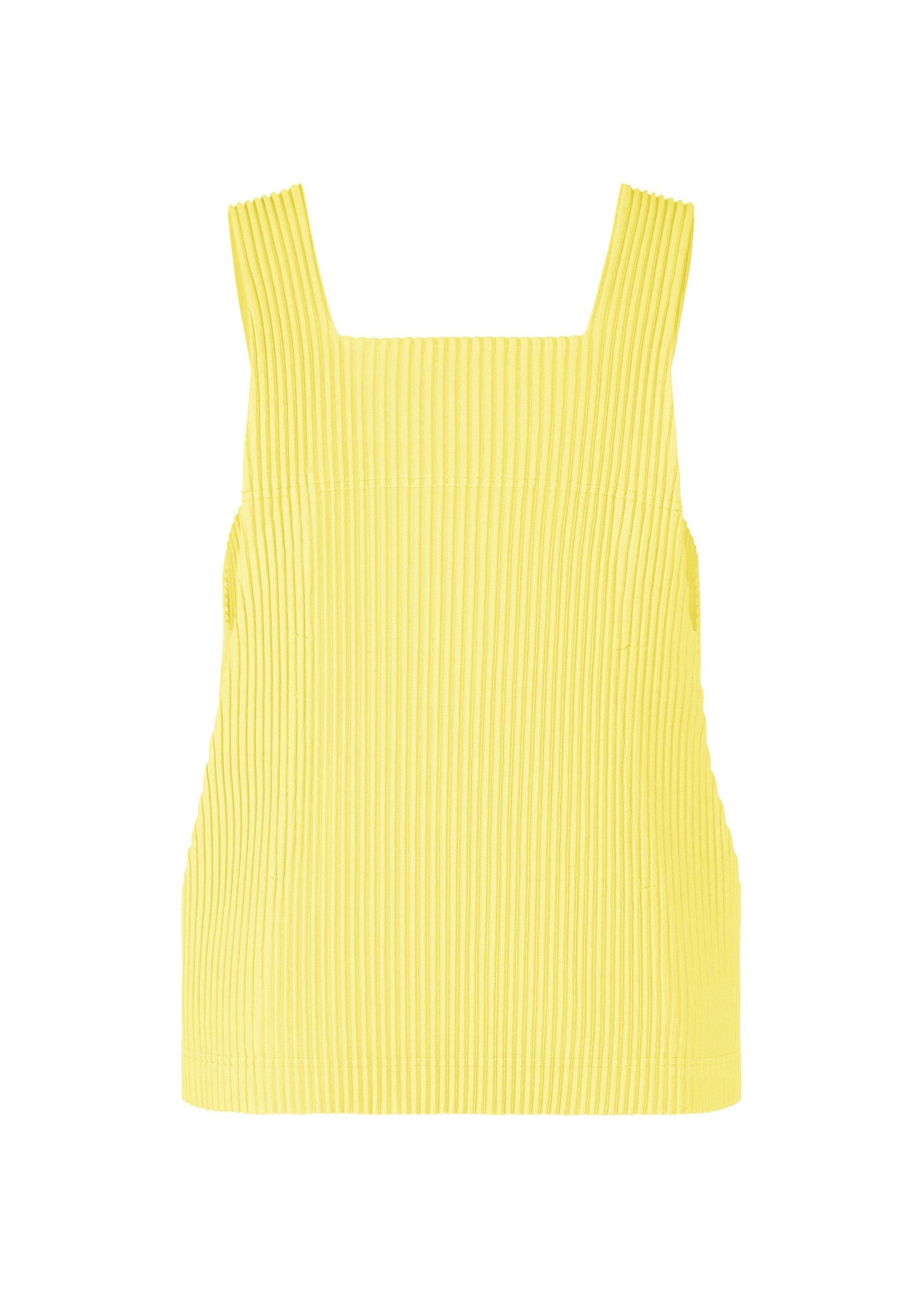 Zoomed view The MONTHLY COLORS : AUGUST sleeveless yellow top by HOMME PLISSÉ ISSEY MIYAKE features a square neckline and vertical pleated texture, crafted from quick-drying polyester for lightweight comfort, and is shown against a plain white background. - SHINE YELLOW （no.50）