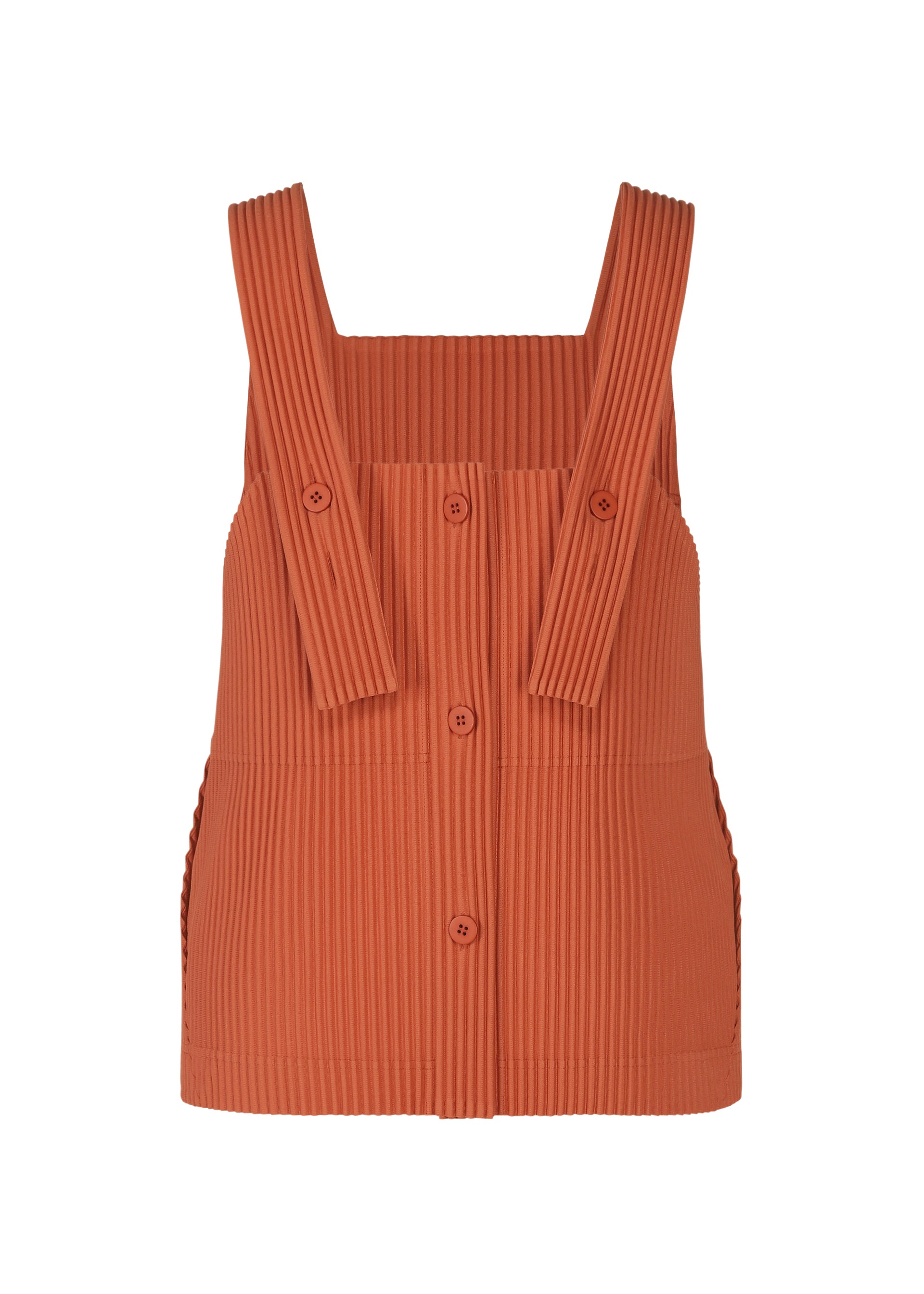 Zoomed view The MONTHLY COLORS : AUGUST top by HOMME PLISSÉ ISSEY MIYAKE is a sleeveless, rust-orange pleated design, crafted from quick-drying polyester for lightweight comfort. Featuring an apron-style vest silhouette with wide straps and button details on the front and straps, it is displayed against a white background.