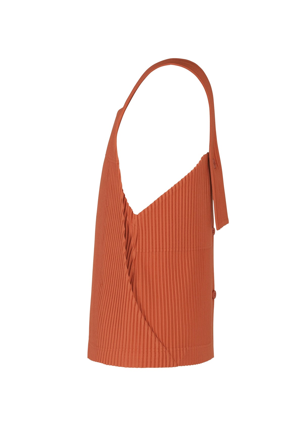 Side view of the MONTHLY COLORS : AUGUST top by HOMME PLISSÉ ISSEY MIYAKE—a sleeveless, rust-colored piece with an asymmetrical neckline and a single shoulder strap. Made from quick-drying polyester for lightweight comfort, this modern design showcases a ribbed texture and an apron-style vest silhouette, offering a unique contemporary aesthetic. view 4 of 8