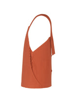 Side view of the MONTHLY COLORS : AUGUST top by HOMME PLISSÉ ISSEY MIYAKE—a sleeveless, rust-colored piece with an asymmetrical neckline and a single shoulder strap. Made from quick-drying polyester for lightweight comfort, this modern design showcases a ribbed texture and an apron-style vest silhouette, offering a unique contemporary aesthetic.