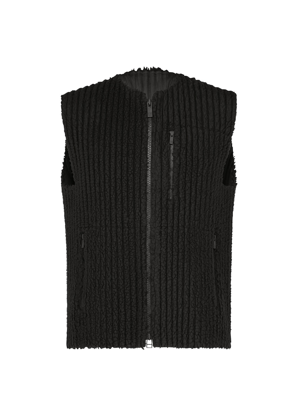 The HOMME PLISSÉ ISSEY MIYAKE FLEECE PLEATS is a sleeveless black vest featuring ribbed texture, front zipper, two zippered pockets, a high collar, and a pleated finish for a modern minimalist look. view 1 of 7