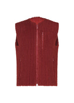 The FLEECE PLEATS by HOMME PLISSÉ ISSEY MIYAKE is a sleeveless red zip-up vest with a ribbed texture, chest and side zipper pockets, made from cozy long-pile fleece, shown on a white background. - RED （no.24）