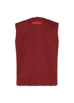 The FLEECE PLEATS by HOMME PLISSÉ ISSEY MIYAKE is a sleeveless, dark red zip-up vest with a ribbed knit and pleated texture, shown flat on a white background.