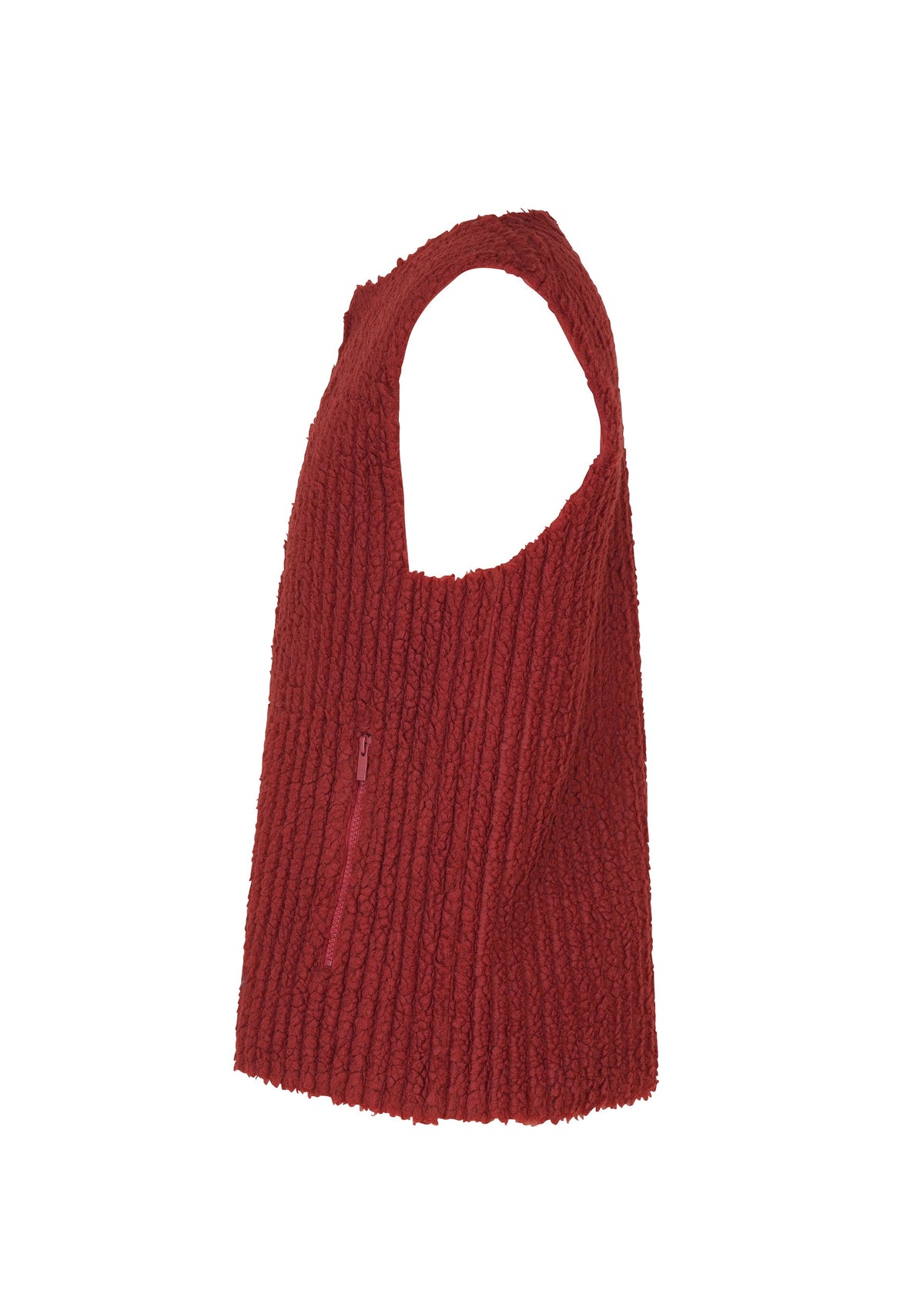 Zoomed view The FLEECE PLEATS by HOMME PLISSÉ ISSEY MIYAKE is a sleeveless red zip-up vest with pleats, shown in side profile against a white background, featuring a front zipper pocket and a relaxed fit.