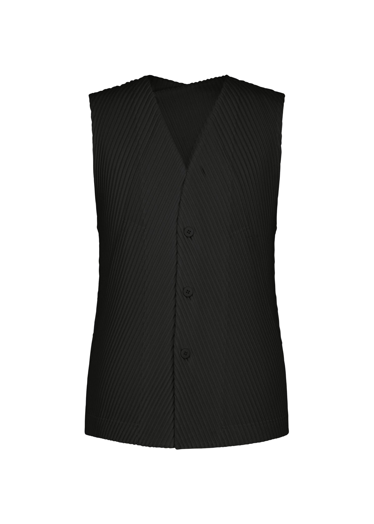 Introducing SLASH by HOMME PLISSÉ ISSEY MIYAKE: a sleeveless black vest with a front opening secured by three buttons, featuring a subtle diagonal pinstripe pattern. This stylish piece is designed with a V-neckline, straight hem, and practical slash pockets for added functionality. view 1 of 8