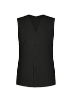 Introducing SLASH by HOMME PLISSÉ ISSEY MIYAKE: a sleeveless black vest with a front opening secured by three buttons, featuring a subtle diagonal pinstripe pattern. This stylish piece is designed with a V-neckline, straight hem, and practical slash pockets for added functionality. - BLACK （no.15）