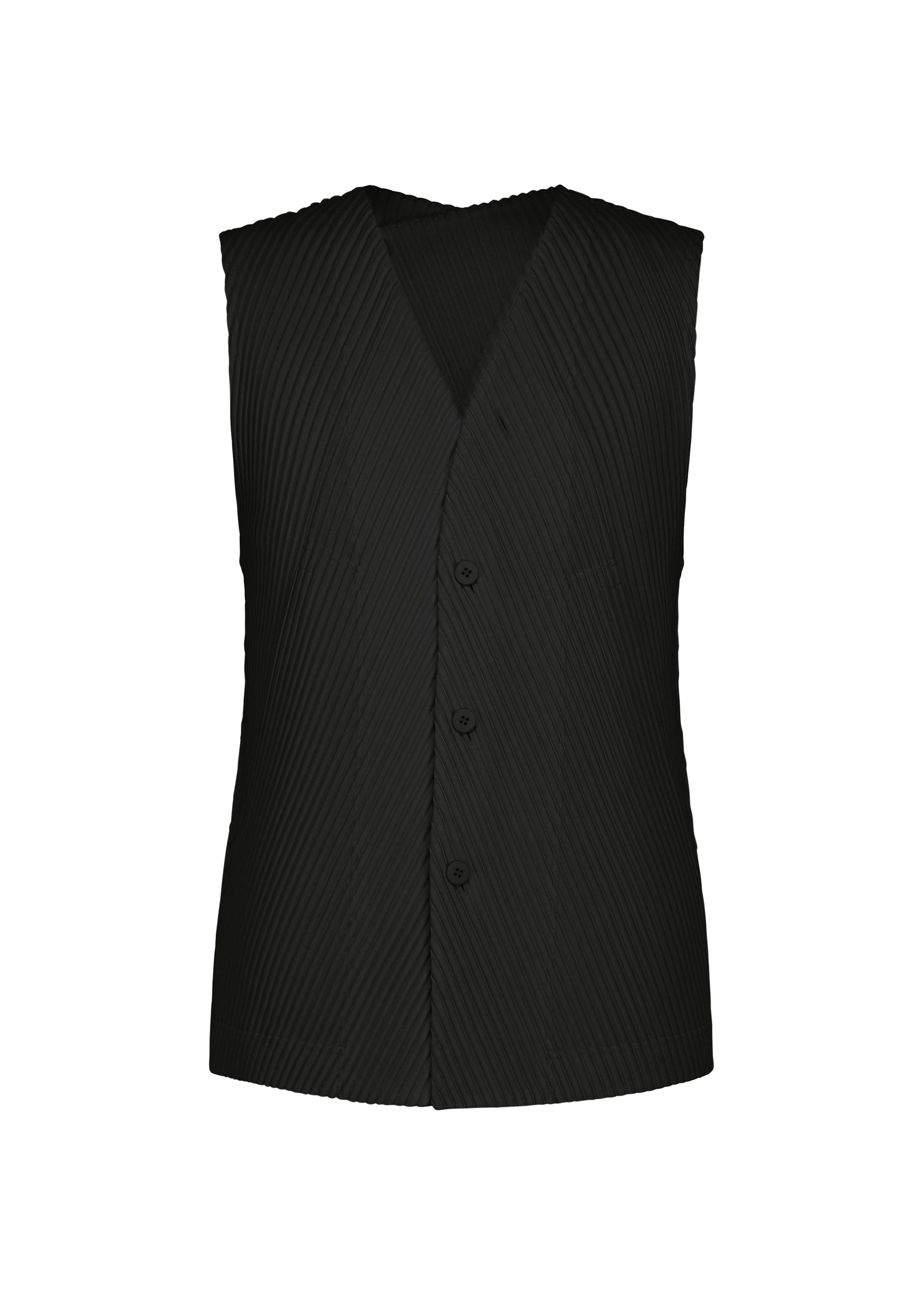 Zoomed view Introducing SLASH by HOMME PLISSÉ ISSEY MIYAKE: a sleeveless black vest with a front opening secured by three buttons, featuring a subtle diagonal pinstripe pattern. This stylish piece is designed with a V-neckline, straight hem, and practical slash pockets for added functionality. - BLACK （no.15）