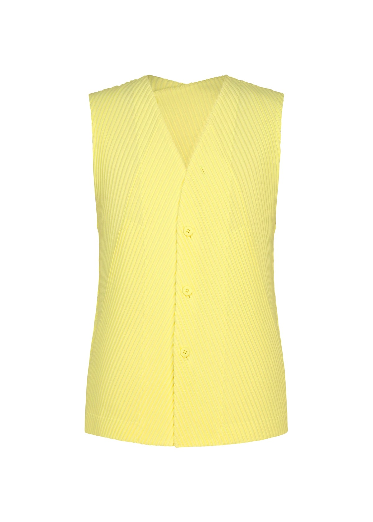 The SLASH vest by HOMME PLISSÉ ISSEY MIYAKE is a sleeveless, yellow front-opening design featuring a V-neckline, vertical stripes, four front buttons, and slash pockets. It is crafted from fabric with a subtle textured pattern for an elevated look. view 2 of 8