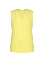 The SLASH vest by HOMME PLISSÉ ISSEY MIYAKE is a sleeveless, yellow front-opening design featuring a V-neckline, vertical stripes, four front buttons, and slash pockets. It is crafted from fabric with a subtle textured pattern for an elevated look. - SHINE YELLOW （no.50）