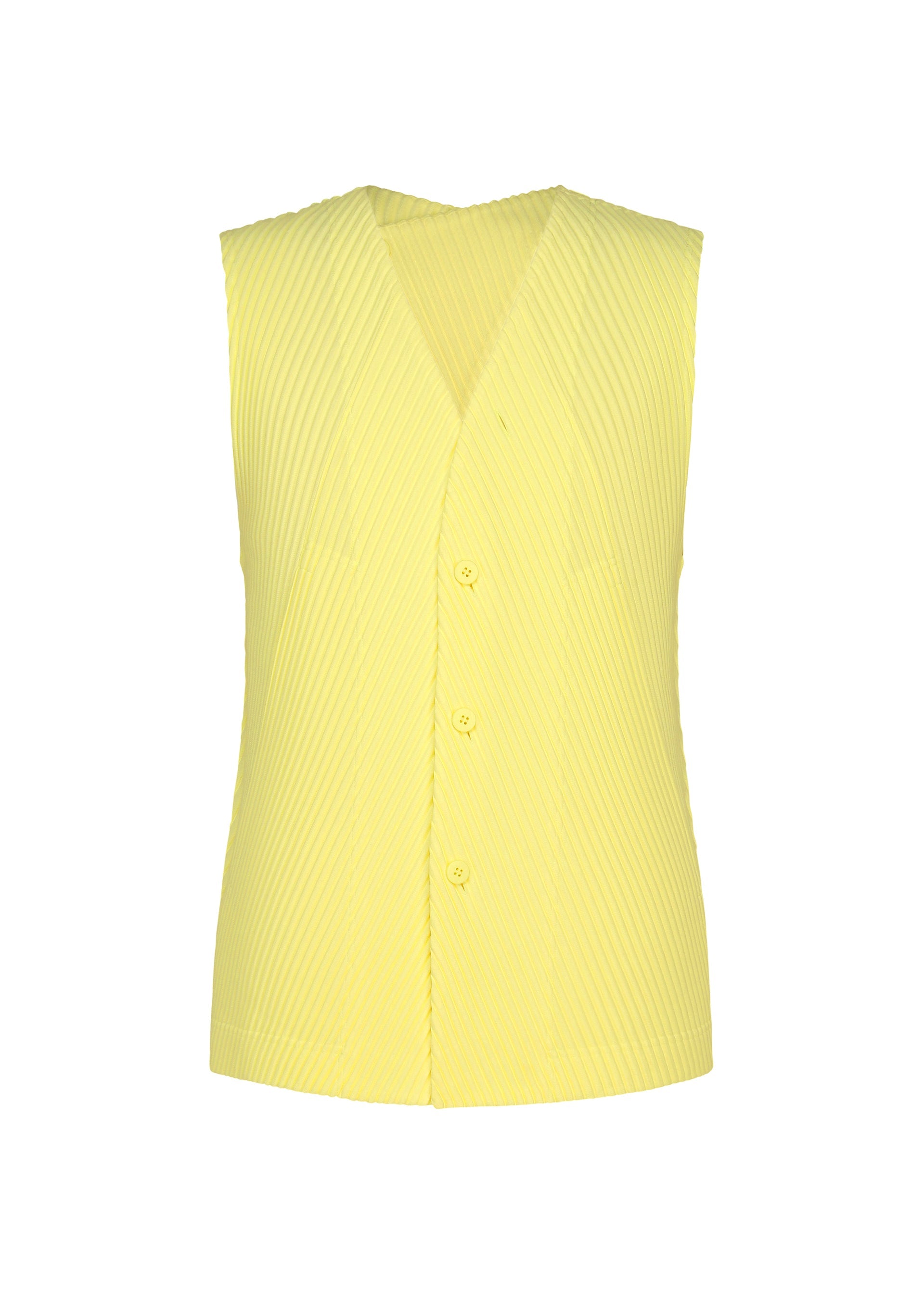 Zoomed view The SLASH vest by HOMME PLISSÉ ISSEY MIYAKE is a sleeveless, yellow front-opening design featuring a V-neckline, vertical stripes, four front buttons, and slash pockets. It is crafted from fabric with a subtle textured pattern for an elevated look. - SHINE YELLOW （no.50）