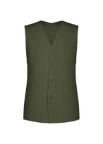 Introducing SLASH by HOMME PLISSÉ ISSEY MIYAKE: a sleeveless, olive green vest featuring a front opening with a V-neckline and three-button closure. The design showcases a distinctive diagonal ribbed texture, while subtle pleats enhance its visual appeal and versatile, streamlined silhouette. - DIM GREEN （no.64）