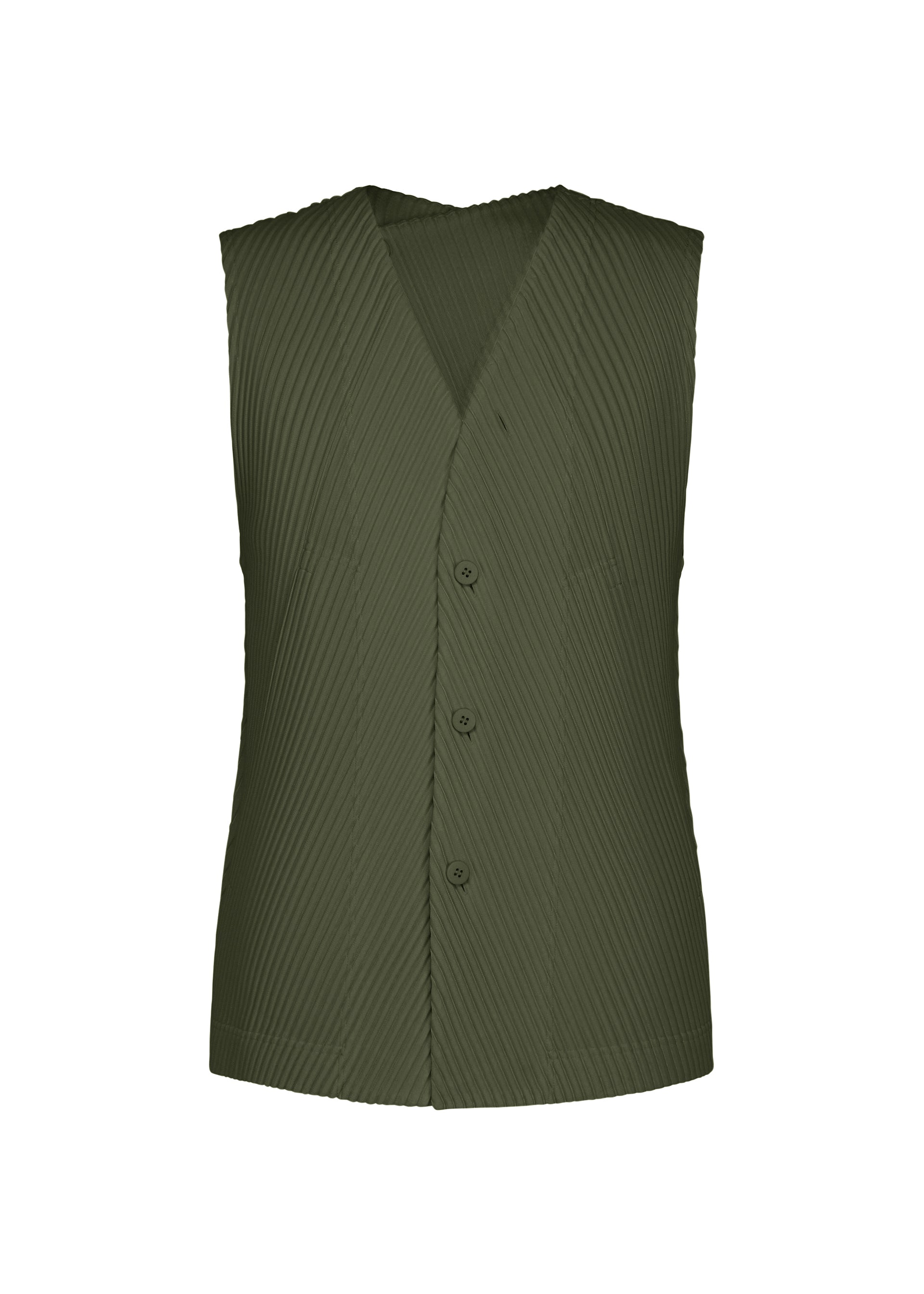 Zoomed view Introducing SLASH by HOMME PLISSÉ ISSEY MIYAKE: a sleeveless, olive green vest featuring a front opening with a V-neckline and three-button closure. The design showcases a distinctive diagonal ribbed texture, while subtle pleats enhance its visual appeal and versatile, streamlined silhouette. - DIM GREEN （no.64）