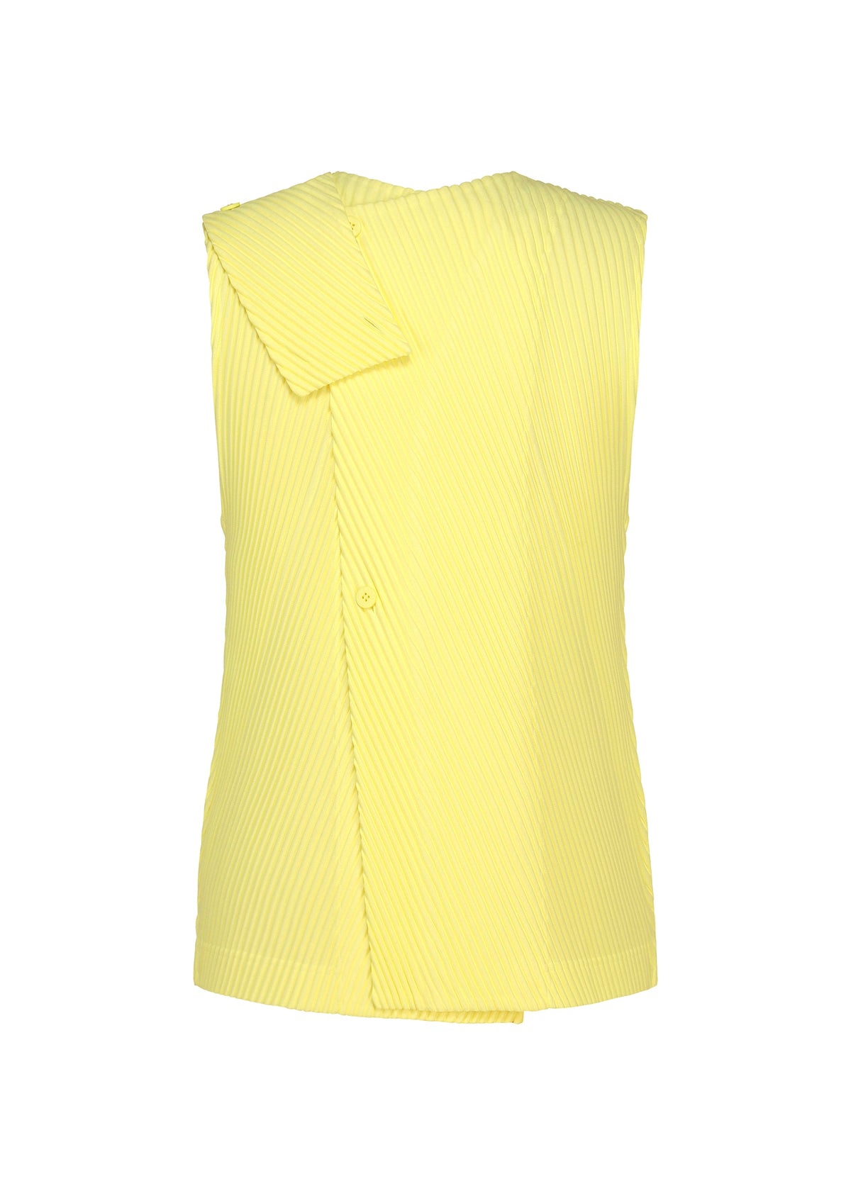 The SLASH top by HOMME PLISSÉ ISSEY MIYAKE is a sleeveless yellow piece crafted with diagonal ribbed texture and delicate pleats, highlighted by an asymmetric folded flap detail on one shoulder and a slightly overlapped front panel design. view 4 of 8