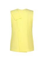The SLASH top by HOMME PLISSÉ ISSEY MIYAKE is a sleeveless yellow piece crafted with diagonal ribbed texture and delicate pleats, highlighted by an asymmetric folded flap detail on one shoulder and a slightly overlapped front panel design.