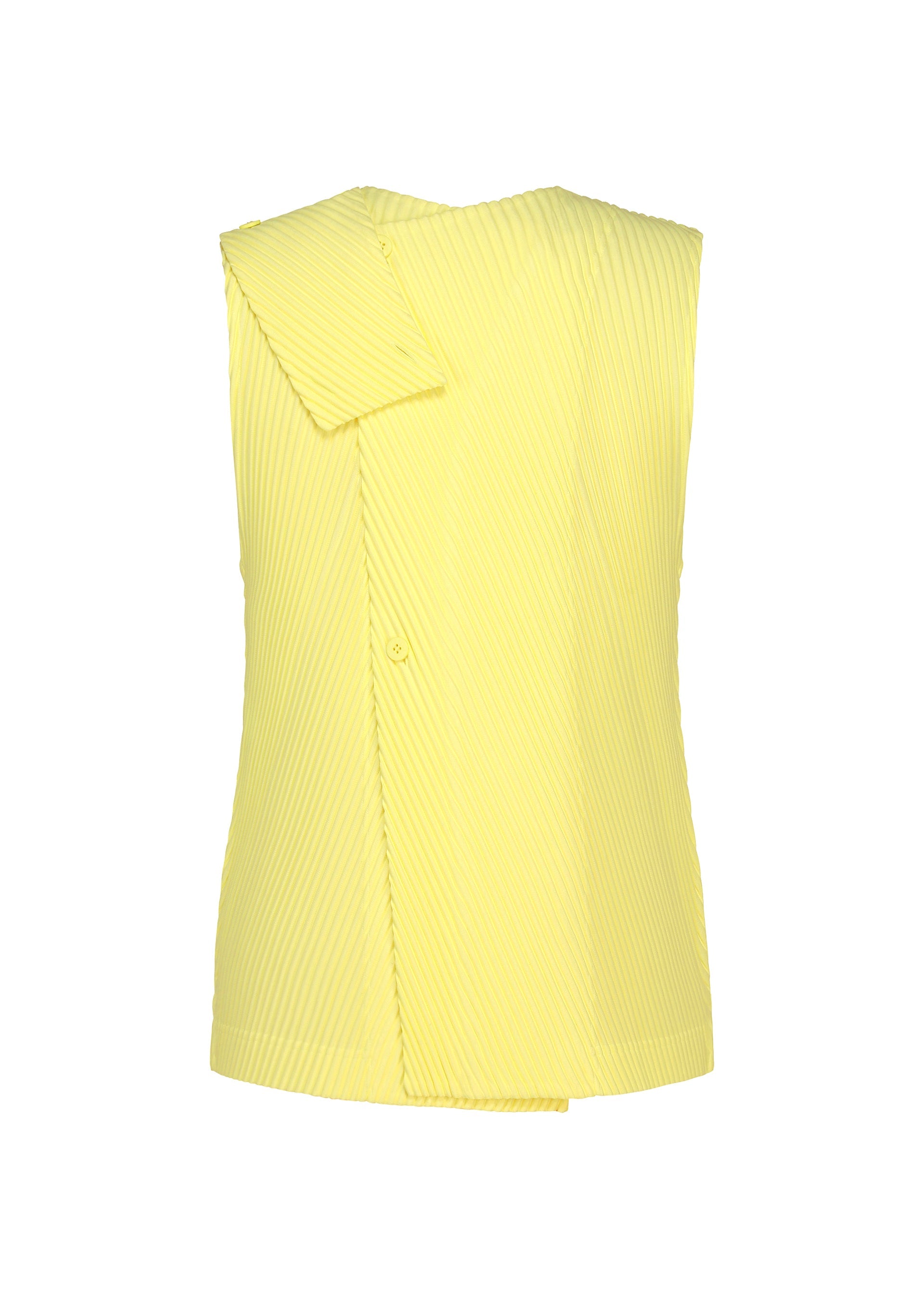 Zoomed view The SLASH top by HOMME PLISSÉ ISSEY MIYAKE is a sleeveless yellow piece crafted with diagonal ribbed texture and delicate pleats, highlighted by an asymmetric folded flap detail on one shoulder and a slightly overlapped front panel design.