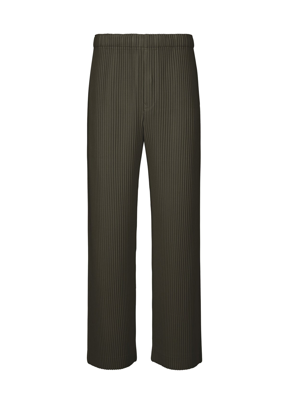 The MONTHLY COLORS : JULY pants by HOMME PLISSÉ ISSEY MIYAKE feature an olive green color, straight-leg cut, subtle vertical pinstripes, quick-drying polyester fabric, and an elastic drawcord waist. Shown against a white background. view 2 of 7