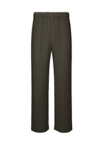The MONTHLY COLORS : JULY pants by HOMME PLISSÉ ISSEY MIYAKE feature an olive green color, straight-leg cut, subtle vertical pinstripes, quick-drying polyester fabric, and an elastic drawcord waist. Shown against a white background. - SHADE GRAYISH BROWN （no.47）