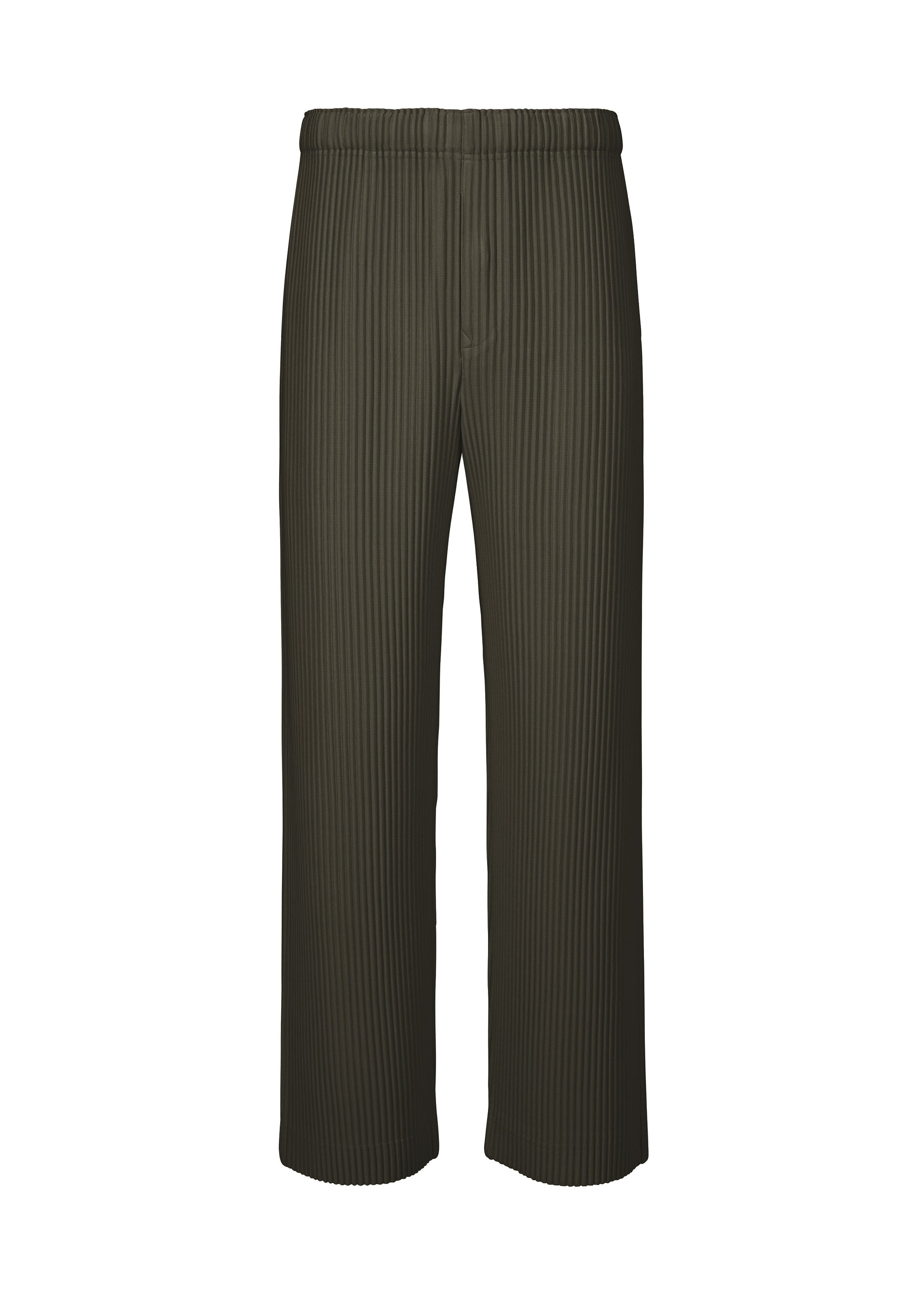 Zoomed view The MONTHLY COLORS : JULY pants by HOMME PLISSÉ ISSEY MIYAKE feature an olive green color, straight-leg cut, subtle vertical pinstripes, quick-drying polyester fabric, and an elastic drawcord waist. Shown against a white background. - SHADE GRAYISH BROWN （no.47）