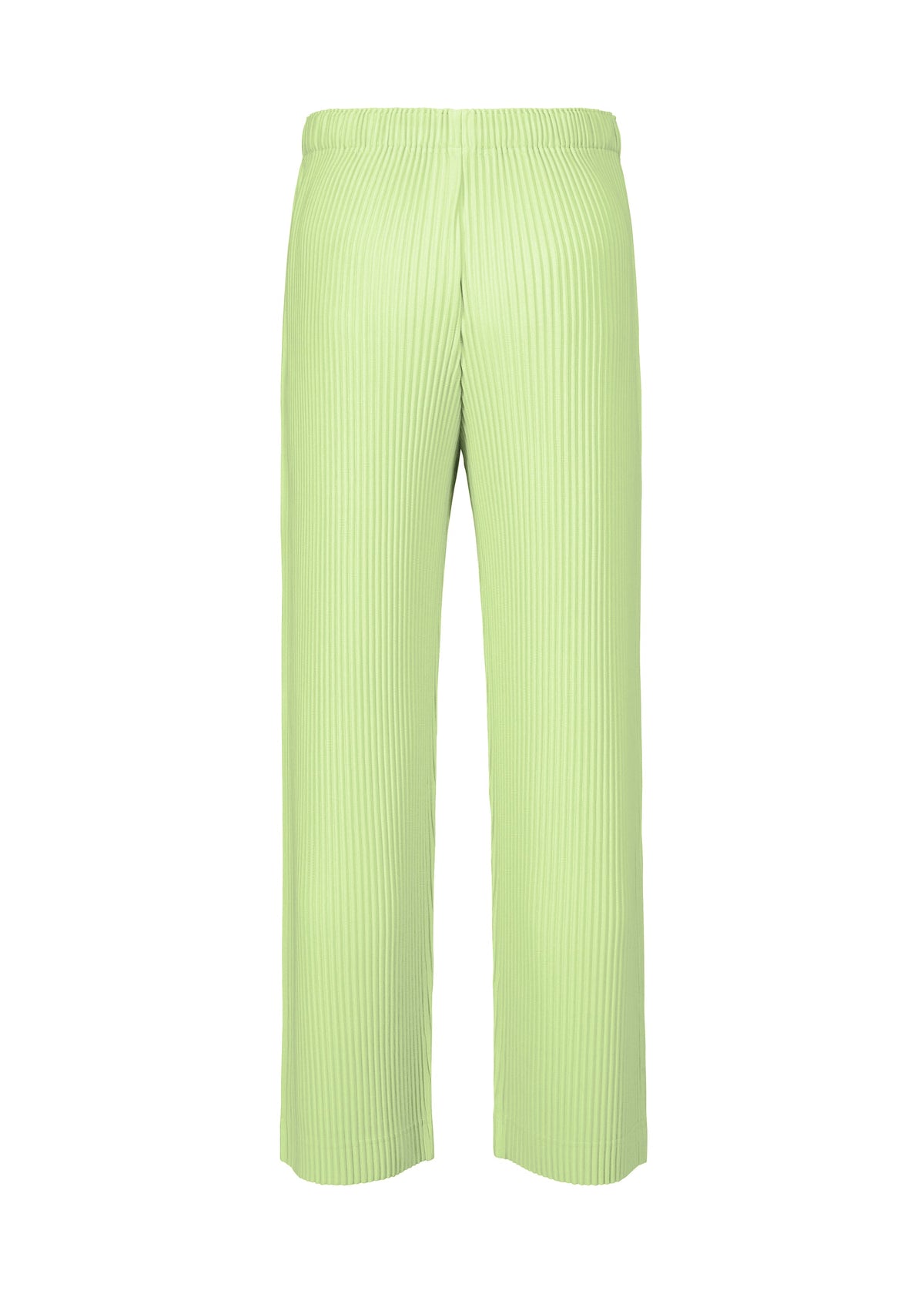 The MONTHLY COLORS : JULY pleated straight pants by HOMME PLISSÉ ISSEY MIYAKE, in light green quick-drying polyester with an elastic waistband, are shown on a plain white background. view 3 of 7