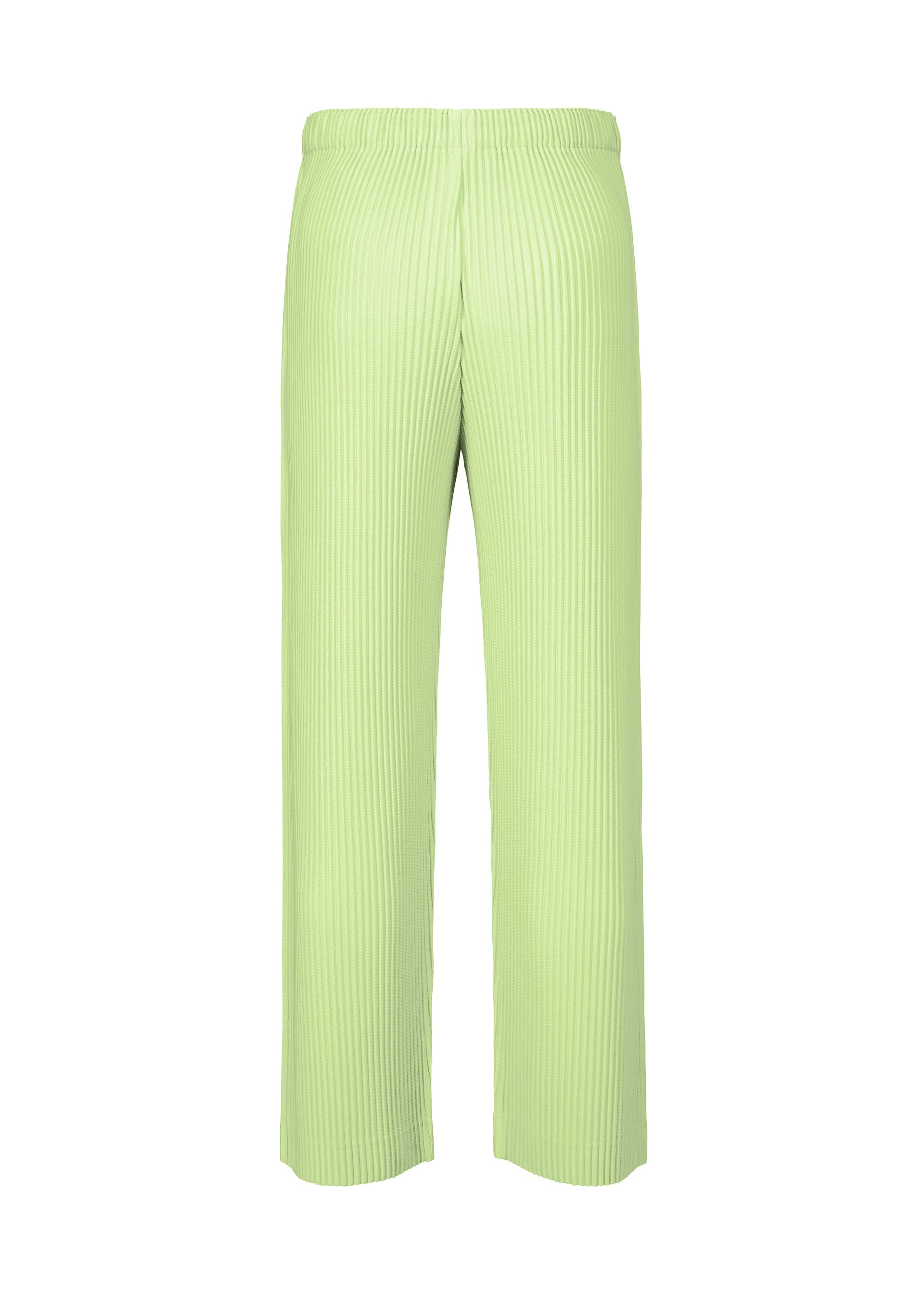 Zoomed view The MONTHLY COLORS : JULY pleated straight pants by HOMME PLISSÉ ISSEY MIYAKE, in light green quick-drying polyester with an elastic waistband, are shown on a plain white background.