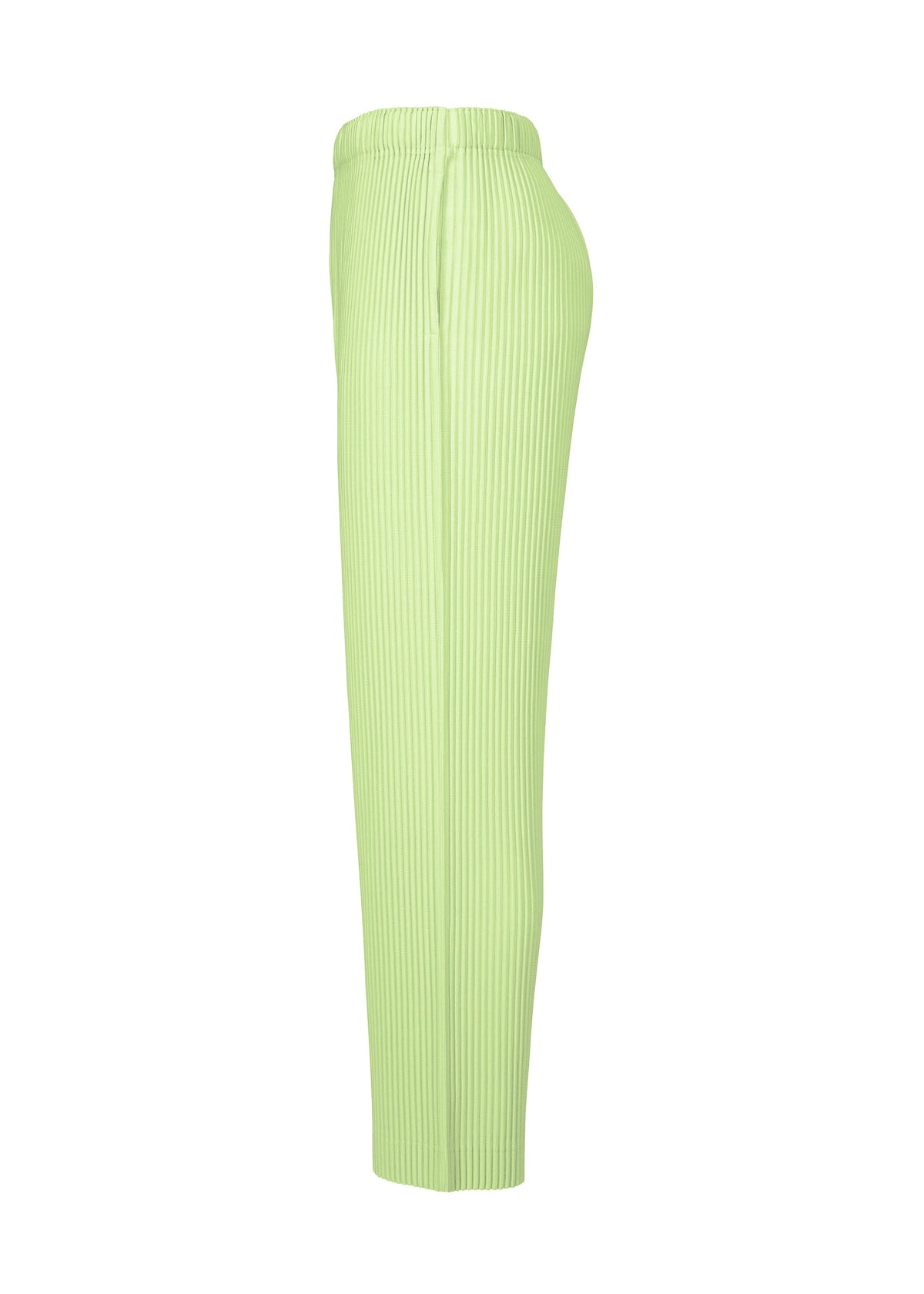 HOMME PLISSÉ ISSEY MIYAKE MONTHLY COLORS : JULY pants in light green feature a ribbed texture, elastic waistband, and are made from quick-drying polyester for all-day comfort. Side view shown. view 4 of 7