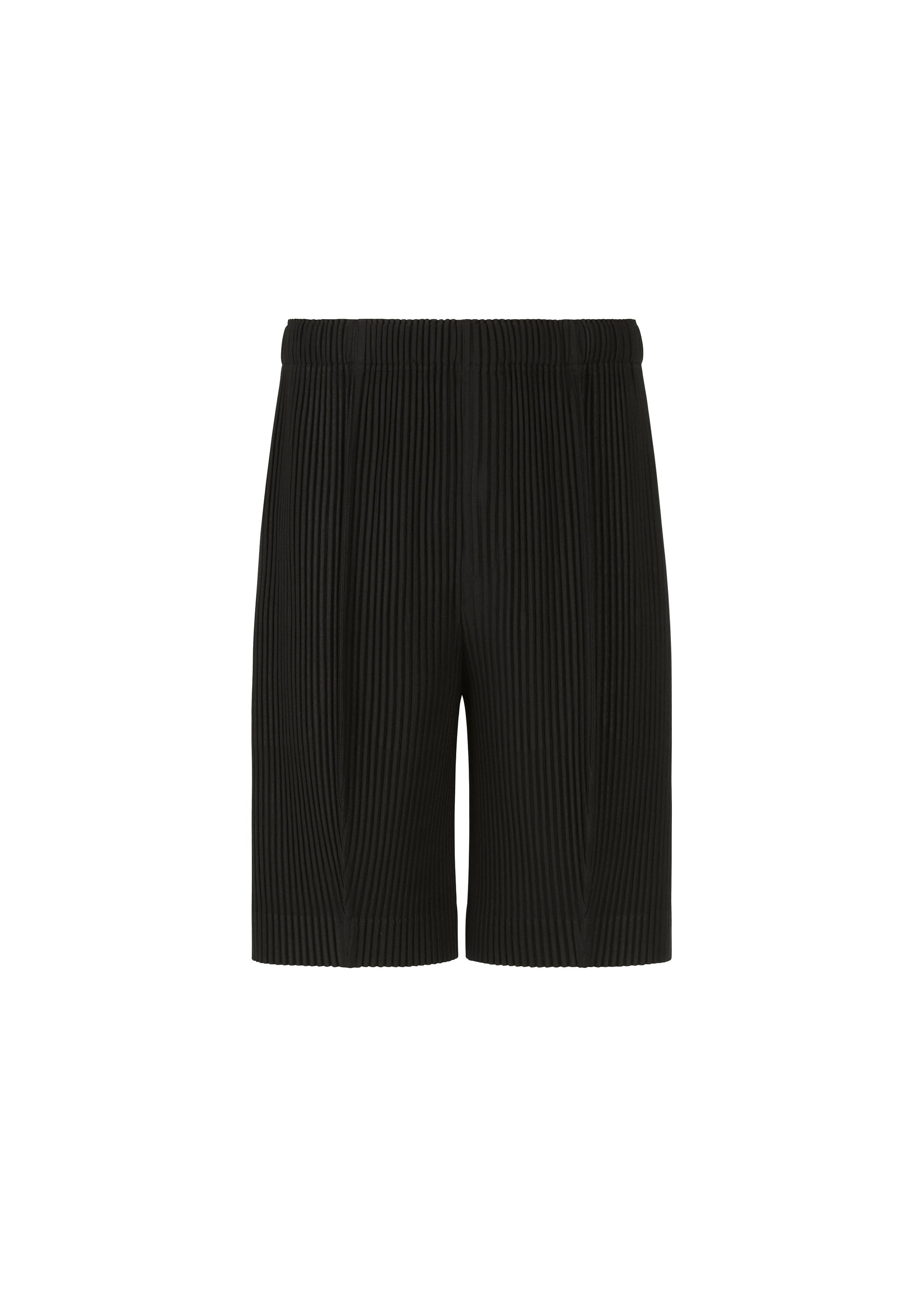 Zoomed view MONTHLY COLORS : AUGUST lightweight black pleated shorts by HOMME PLISSÉ ISSEY MIYAKE, featuring an elastic waistband and a straight cut with textured vertical lines, are made from quick-drying polyester and shown against a plain white background. - BLACK （no.15）