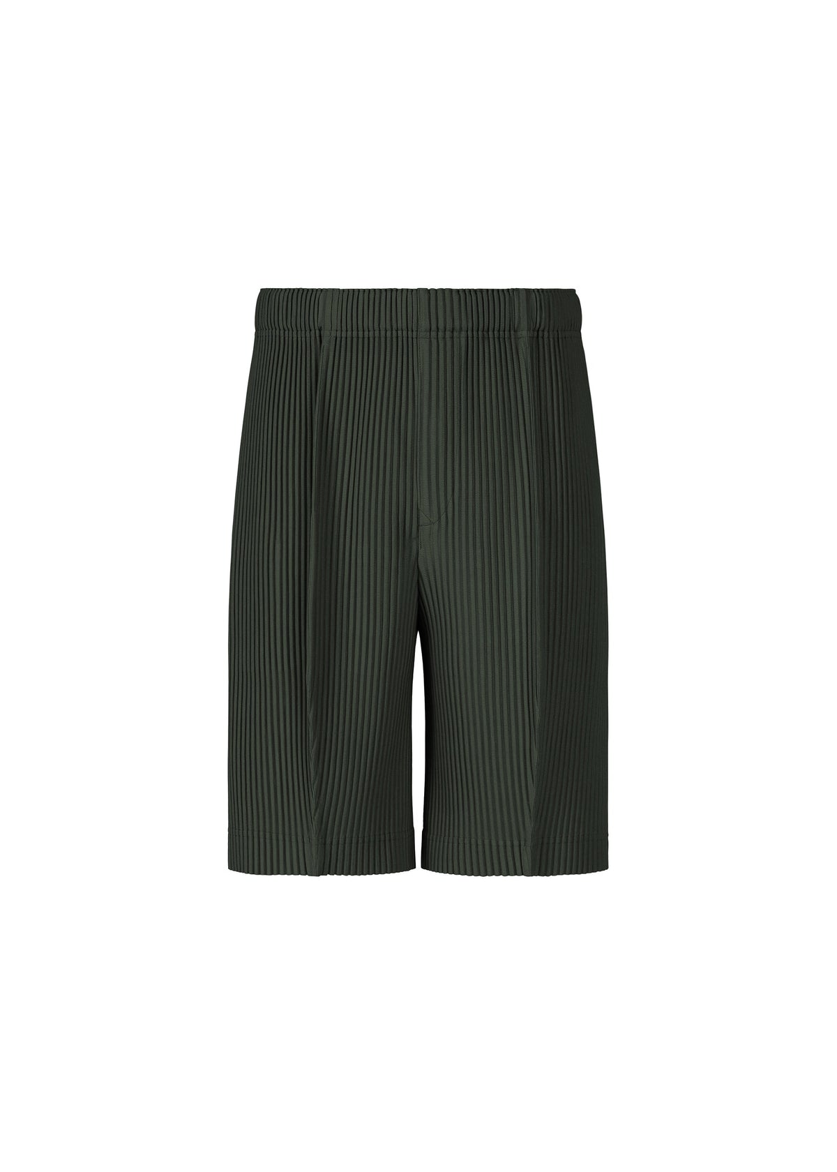 MONTHLY COLORS : AUGUST by HOMME PLISSÉ ISSEY MIYAKE—dark green pleated lightweight shorts with a relaxed fit and an elastic waistband, crafted from quick-drying polyester, displayed against a plain white background. view 2 of 7