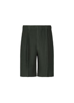 MONTHLY COLORS : AUGUST by HOMME PLISSÉ ISSEY MIYAKE—dark green pleated lightweight shorts with a relaxed fit and an elastic waistband, crafted from quick-drying polyester, displayed against a plain white background. - INKY GRAY （no.19）