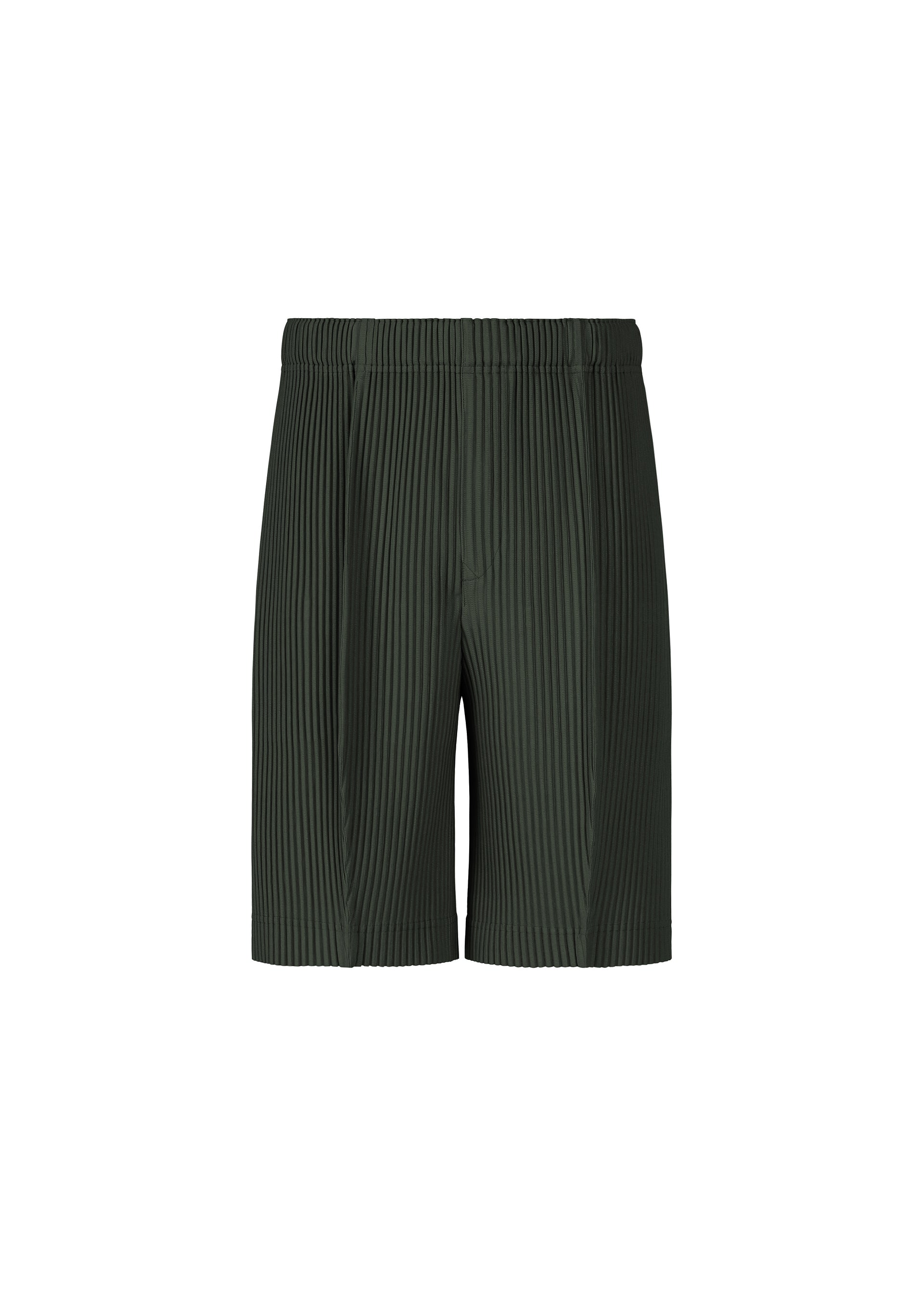 Zoomed view MONTHLY COLORS : AUGUST by HOMME PLISSÉ ISSEY MIYAKE—dark green pleated lightweight shorts with a relaxed fit and an elastic waistband, crafted from quick-drying polyester, displayed against a plain white background. - INKY GRAY （no.19）