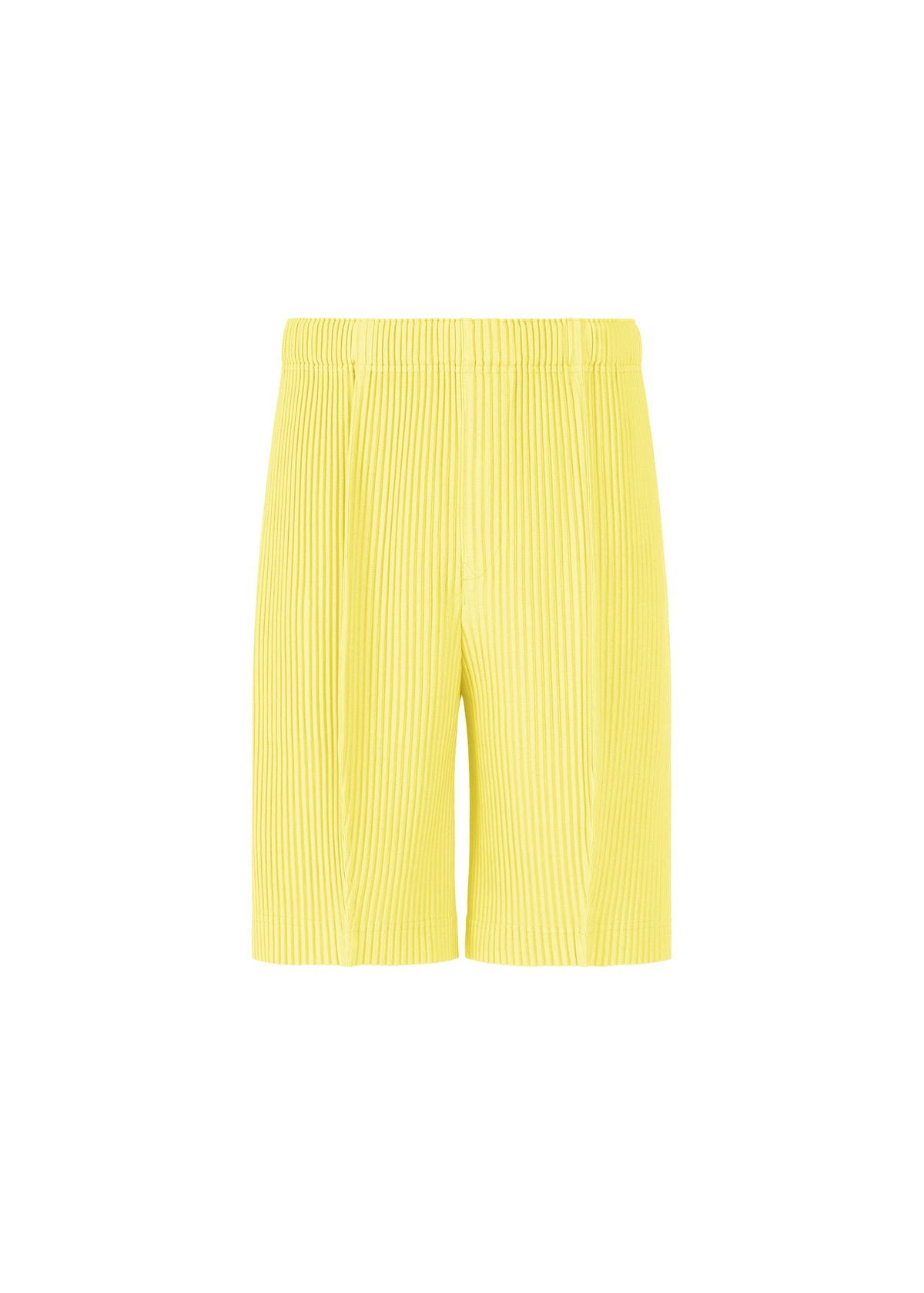 MONTHLY COLORS : AUGUST by HOMME PLISSÉ ISSEY MIYAKE—yellow pleated lightweight shorts with an elastic waistband, crafted from quick-drying polyester and shown against a plain white background. view 3 of 7