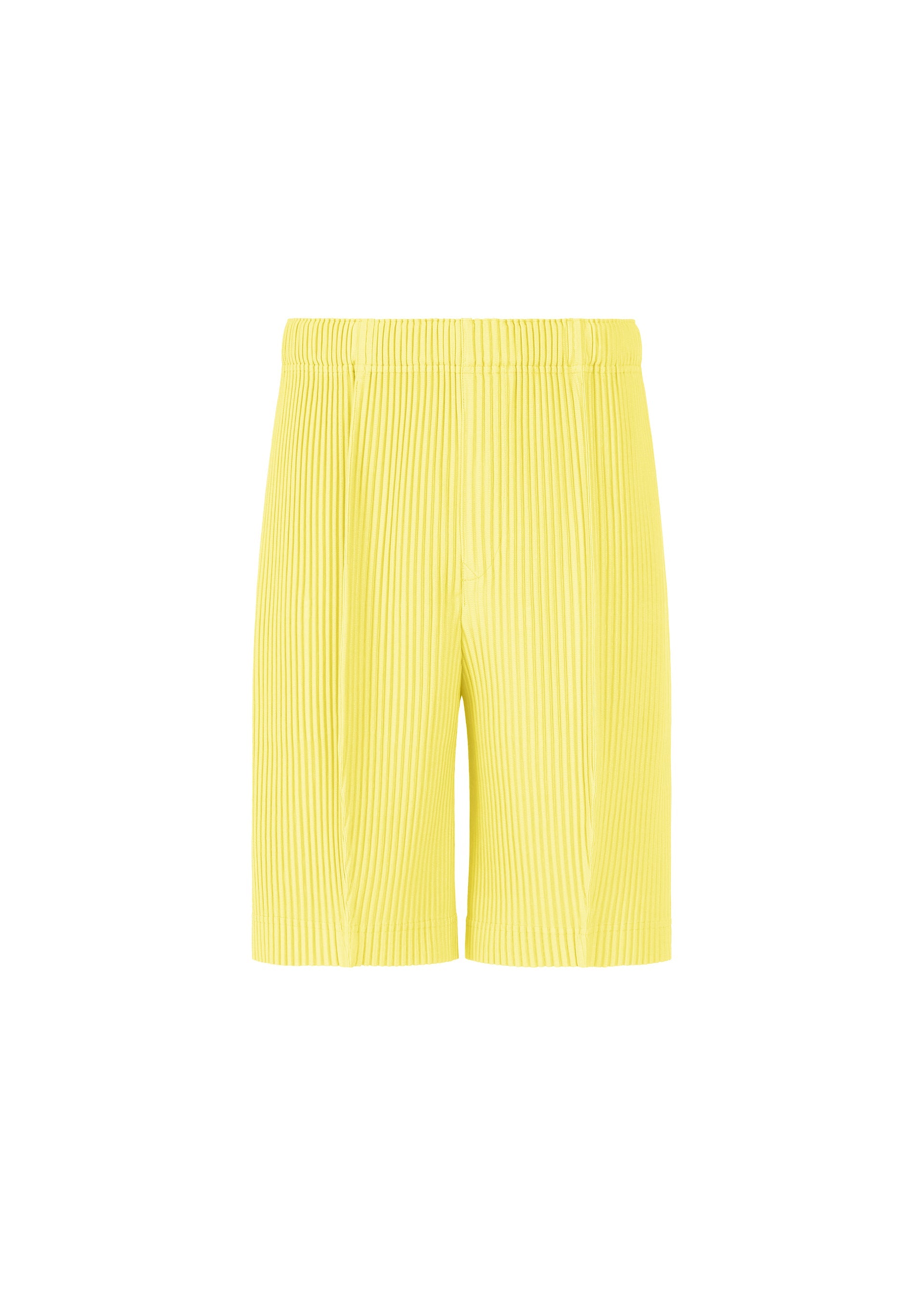 Zoomed view MONTHLY COLORS : AUGUST by HOMME PLISSÉ ISSEY MIYAKE—yellow pleated lightweight shorts with an elastic waistband, crafted from quick-drying polyester and shown against a plain white background. - SHINE YELLOW （no.50）