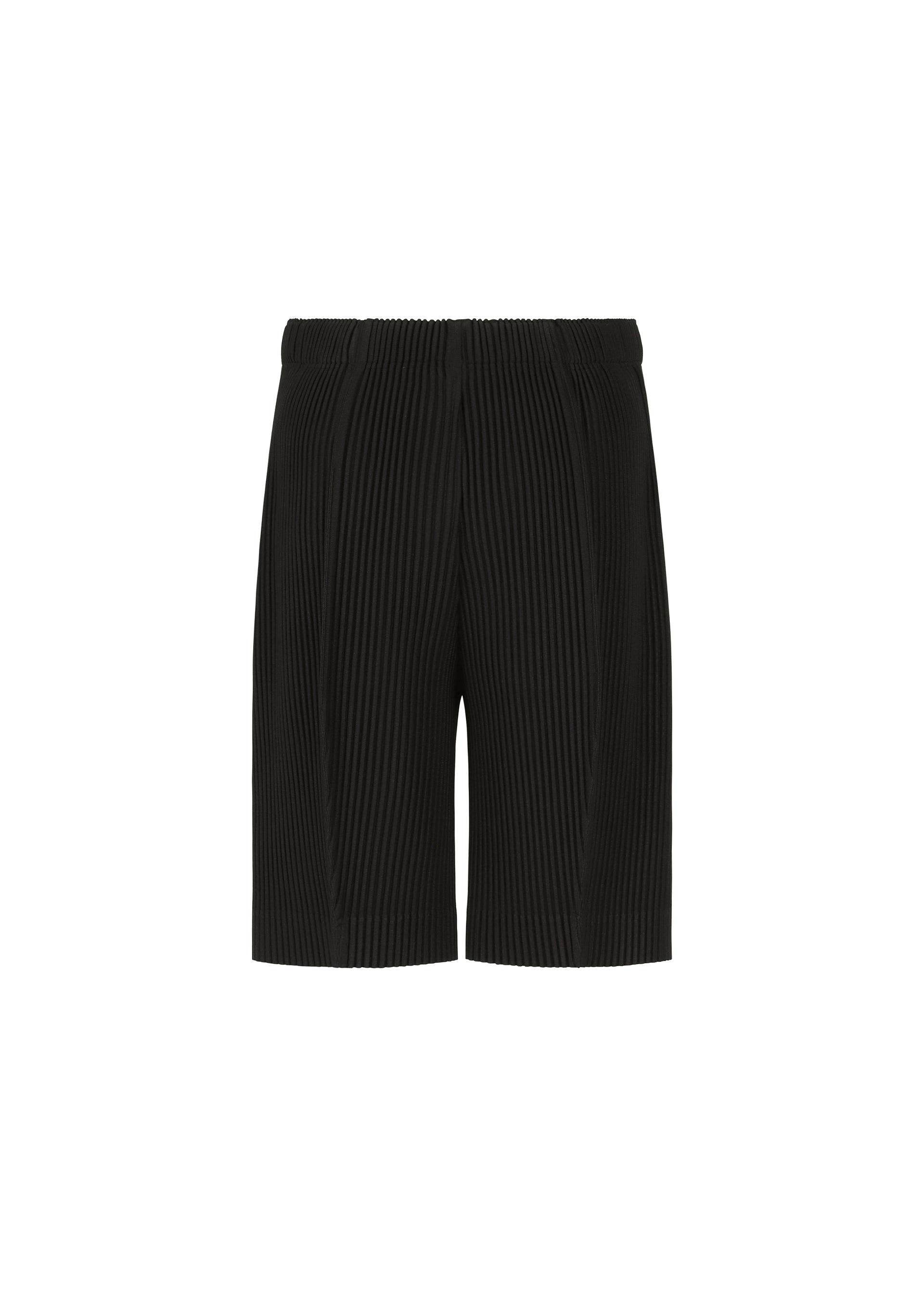 Zoomed view The “MONTHLY COLORS : AUGUST” shorts by HOMME PLISSÉ ISSEY MIYAKE are black, pleated, and knee-length with an elastic waistband, displayed against a plain white background. Made from quick-drying polyester, these lightweight shorts showcase a vertical striped texture.