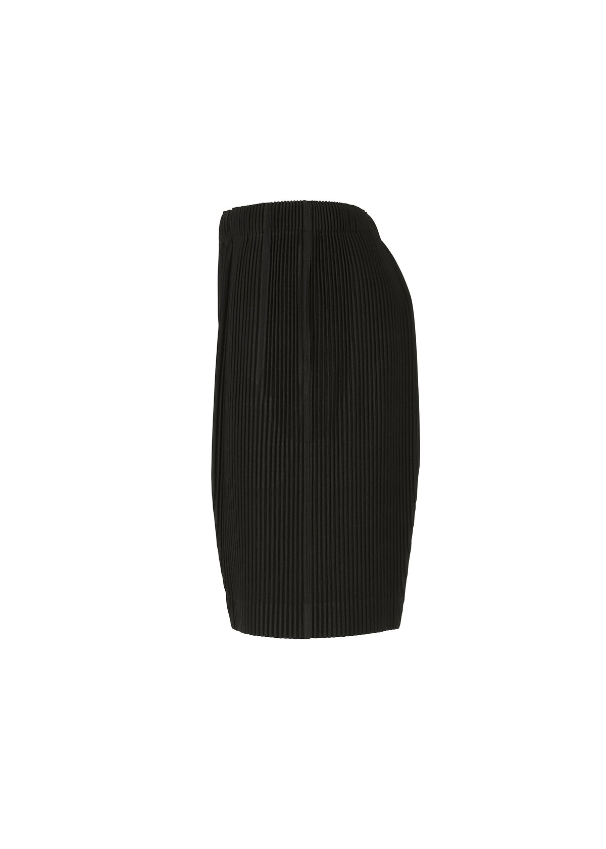 The MONTHLY COLORS : AUGUST skirt by HOMME PLISSÉ ISSEY MIYAKE is shown from the side against a white background. Crafted from quick-drying polyester, this black mini skirt features a straight fit with vertical pleats and an elastic waistband. view 5 of 7