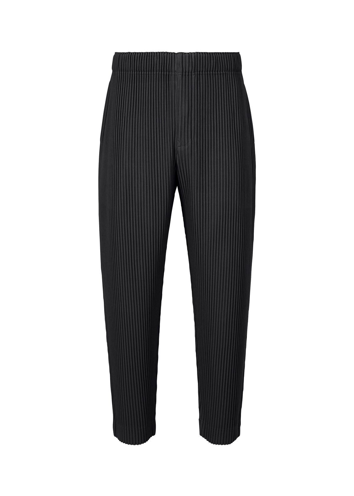 The MONTHLY COLORS : AUGUST pants by HOMME PLISSÉ ISSEY MIYAKE feature a black, cropped design with a vertical pinstripe pleated texture, an elastic waistband, and a straight, relaxed fit. These quick-drying pants provide lightweight comfort for all-day wear and are photographed against a plain white background. view 1 of 5