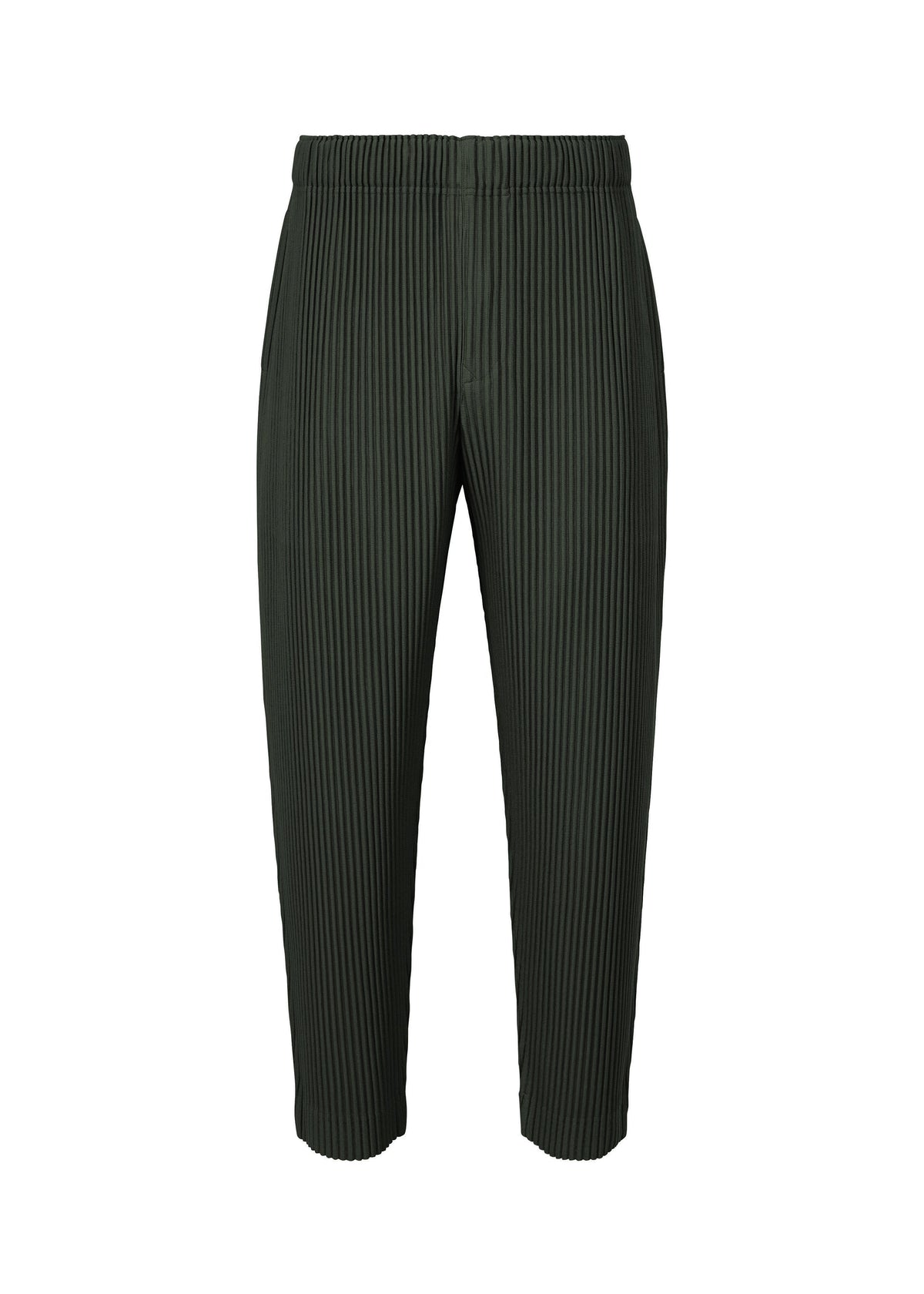 MONTHLY COLORS : AUGUST by HOMME PLISSÉ ISSEY MIYAKE features dark green pleated tapered pants with an elastic waistband and a cropped length, crafted for lightweight comfort and displayed on a plain white background. view 2 of 5