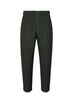 MONTHLY COLORS : AUGUST by HOMME PLISSÉ ISSEY MIYAKE features dark green pleated tapered pants with an elastic waistband and a cropped length, crafted for lightweight comfort and displayed on a plain white background. - INKY GRAY （no.19）