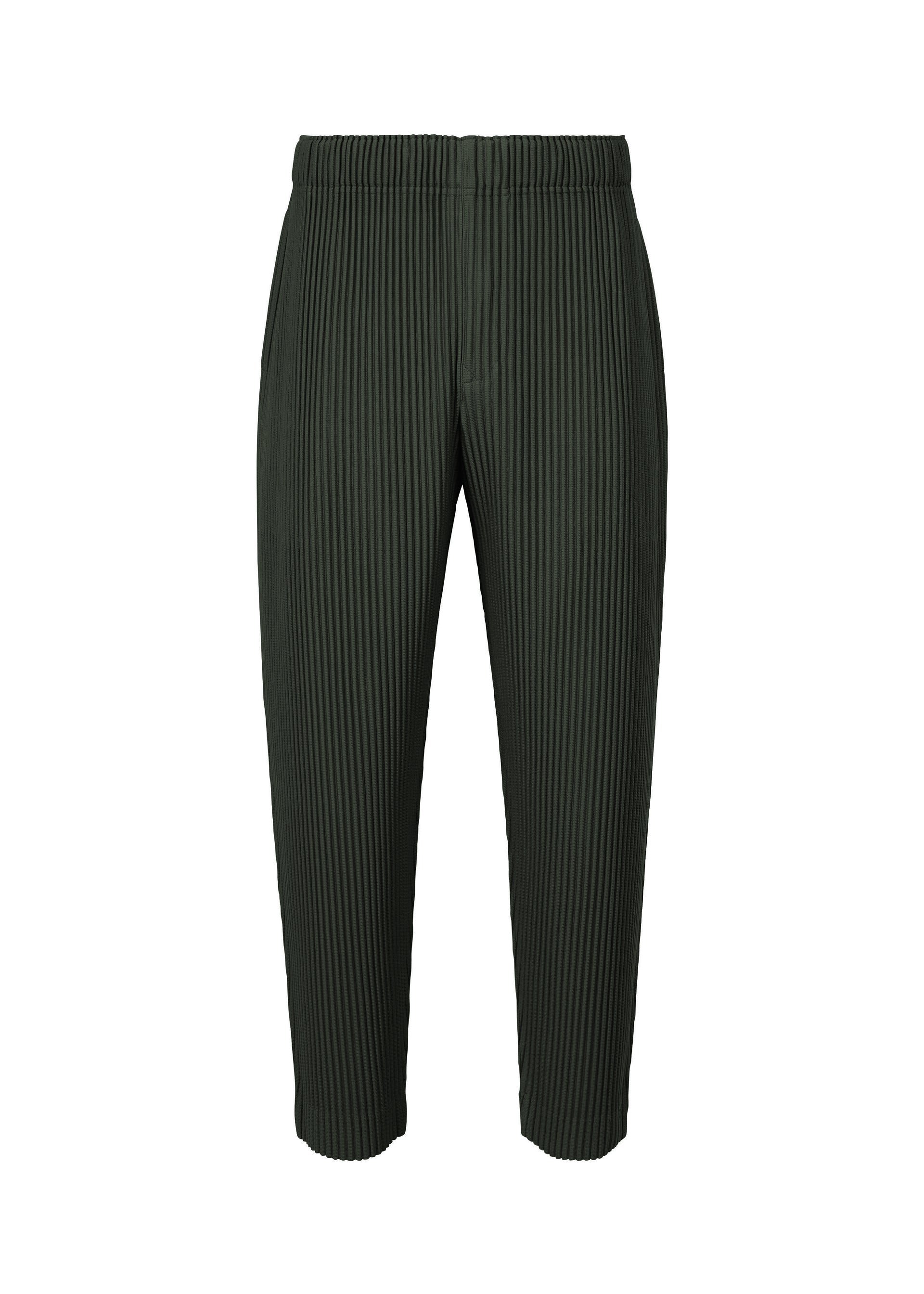 Zoomed view MONTHLY COLORS : AUGUST by HOMME PLISSÉ ISSEY MIYAKE features dark green pleated tapered pants with an elastic waistband and a cropped length, crafted for lightweight comfort and displayed on a plain white background. - INKY GRAY （no.19）