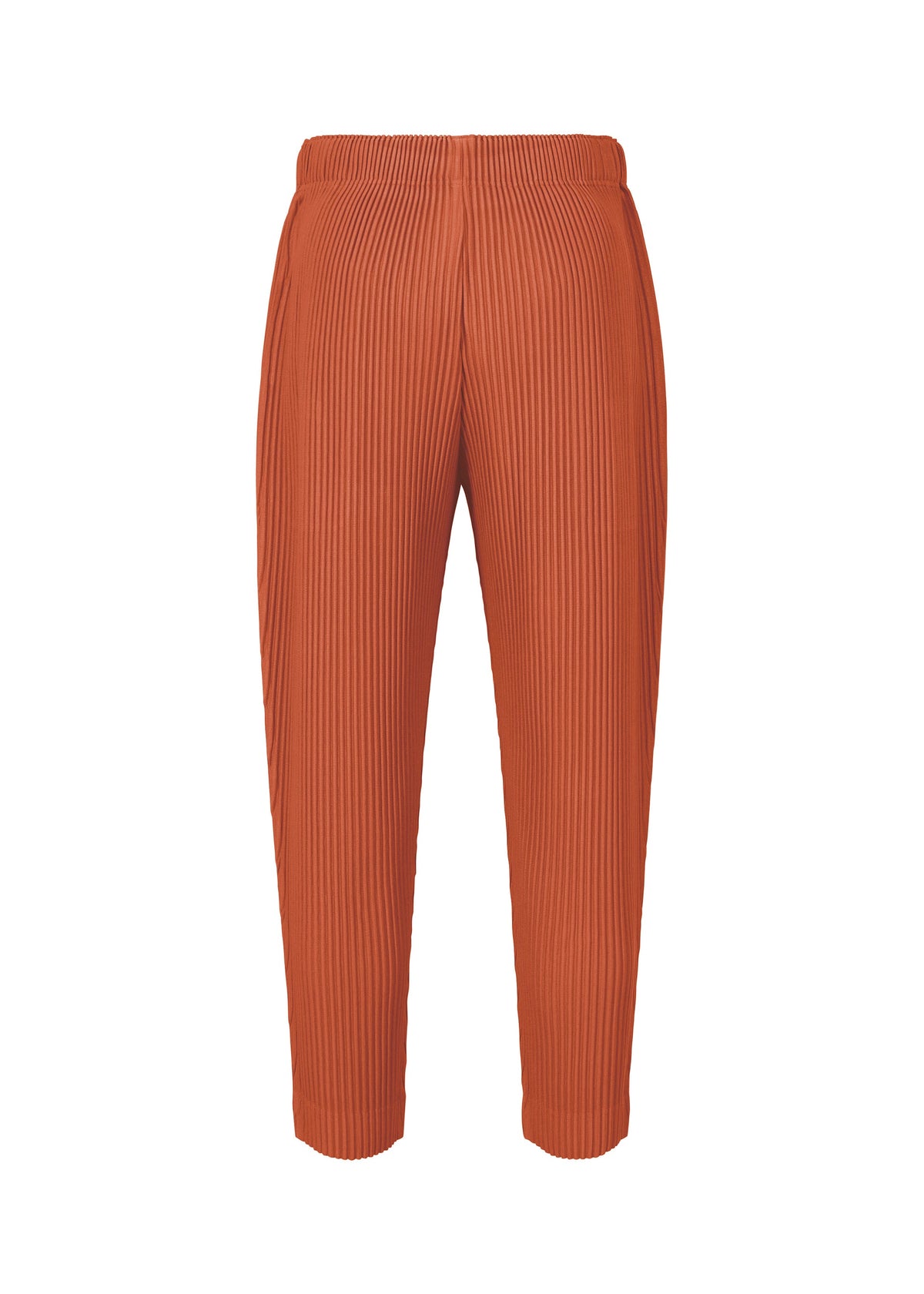 MONTHLY COLORS : AUGUST pants by HOMME PLISSÉ ISSEY MIYAKE feature an orange ribbed design with an elastic waistband and straight, cropped legs for lightweight comfort, showcased against a plain white background. view 3 of 5