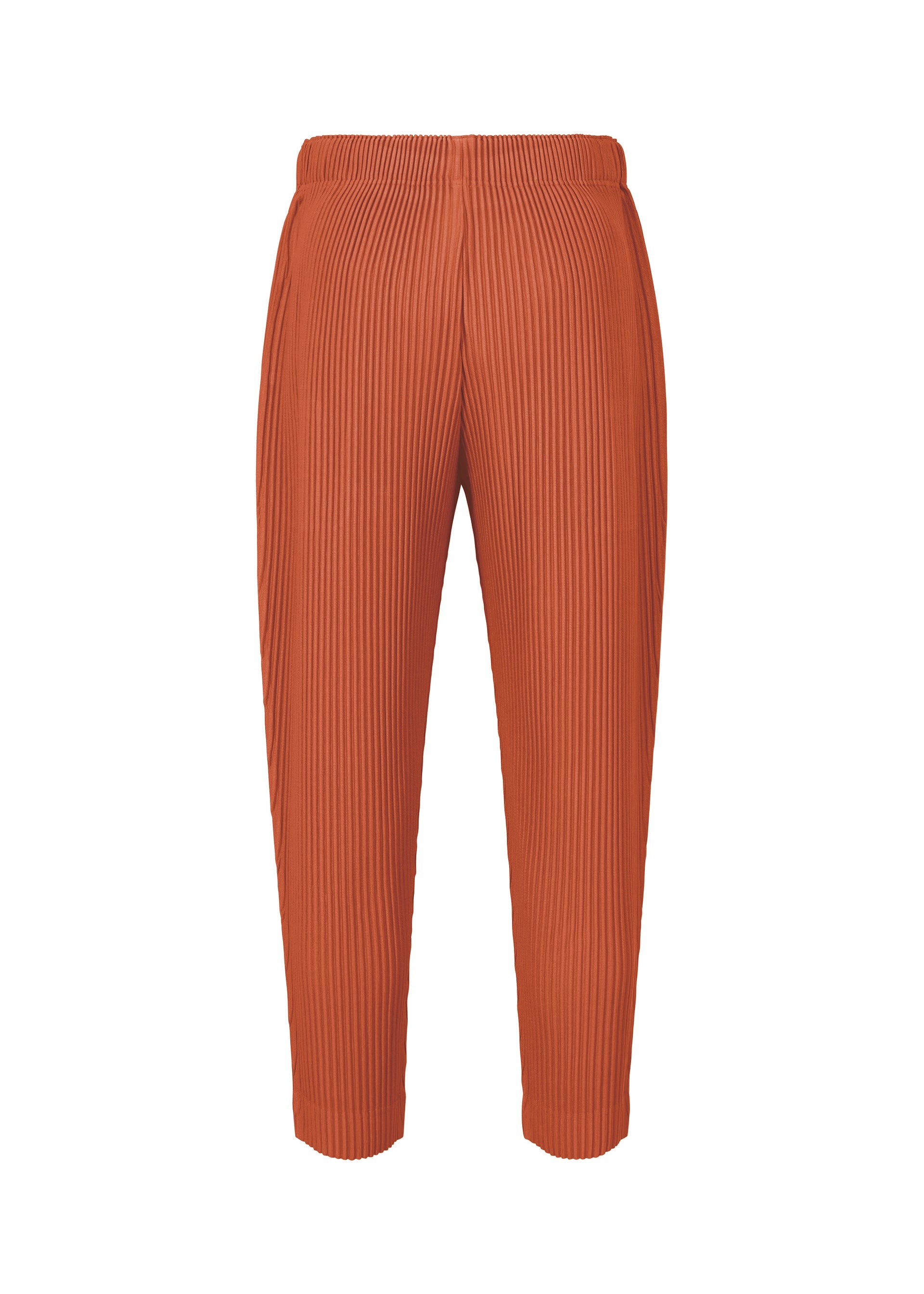 Zoomed view MONTHLY COLORS : AUGUST pants by HOMME PLISSÉ ISSEY MIYAKE feature an orange ribbed design with an elastic waistband and straight, cropped legs for lightweight comfort, showcased against a plain white background.