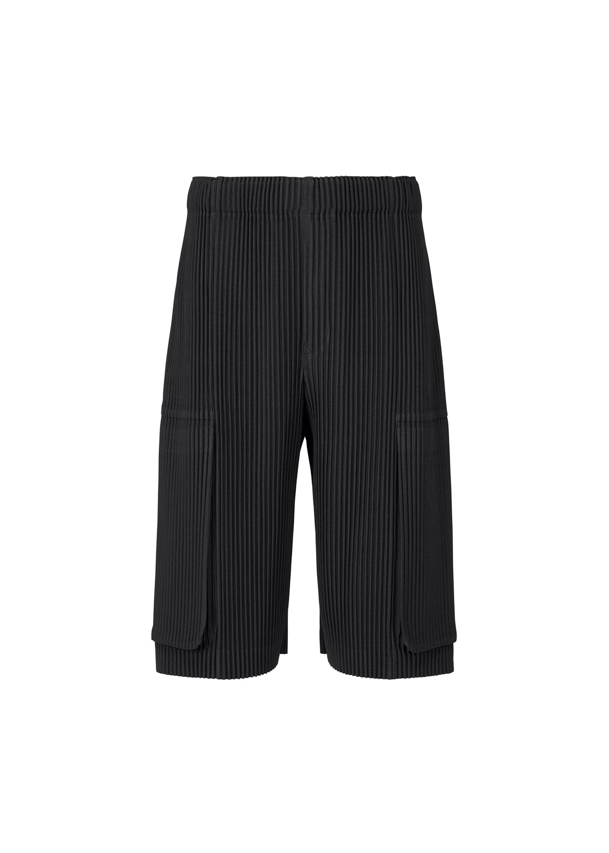 MONTHLY COLORS : SEPTEMBER by HOMME PLISSÉ ISSEY MIYAKE features black pleated polyester shorts with an elastic waistband and large flap pockets on each side, designed as quick-drying shorts and displayed against a plain white background. view 1 of 7