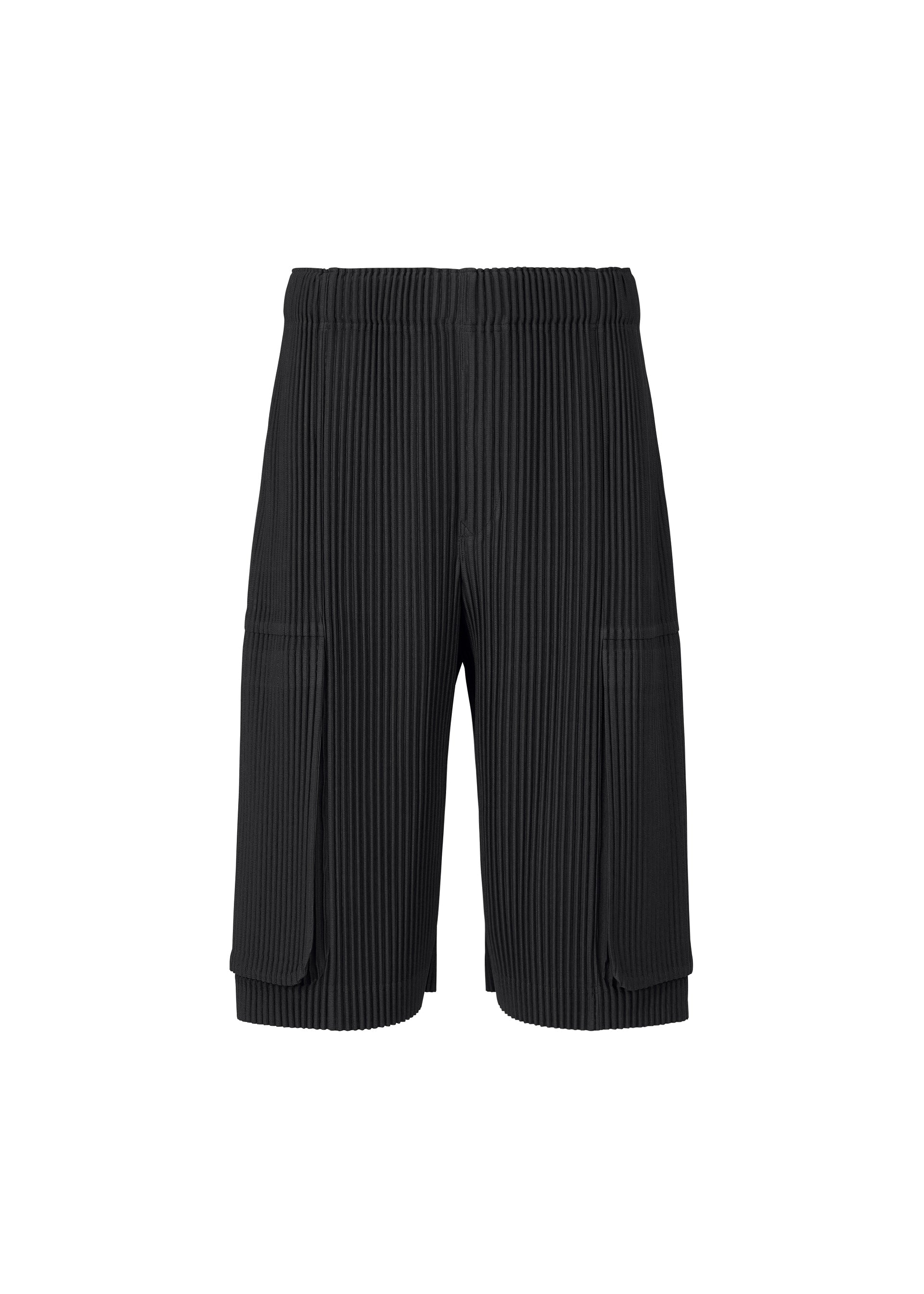 Zoomed view MONTHLY COLORS : SEPTEMBER by HOMME PLISSÉ ISSEY MIYAKE features black pleated polyester shorts with an elastic waistband and large flap pockets on each side, designed as quick-drying shorts and displayed against a plain white background. - BLACK （no.15）