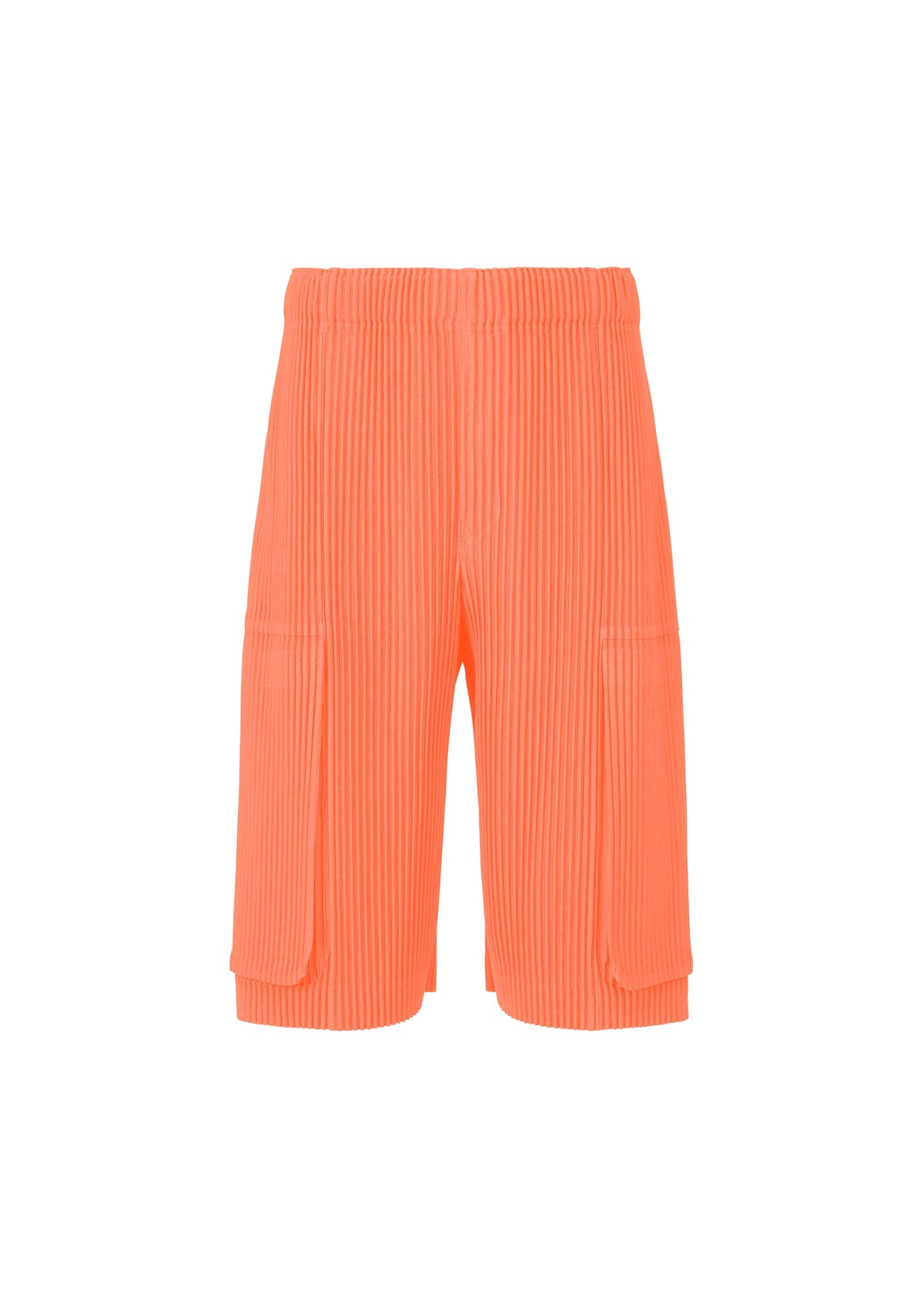The MONTHLY COLORS : SEPTEMBER shorts by HOMME PLISSÉ ISSEY MIYAKE are vibrant orange, knee-length, and crafted from ribbed polyester with a textured finish. Featuring an elastic waistband and spacious side pockets, these quick-drying shorts are showcased against a plain white background. view 2 of 7