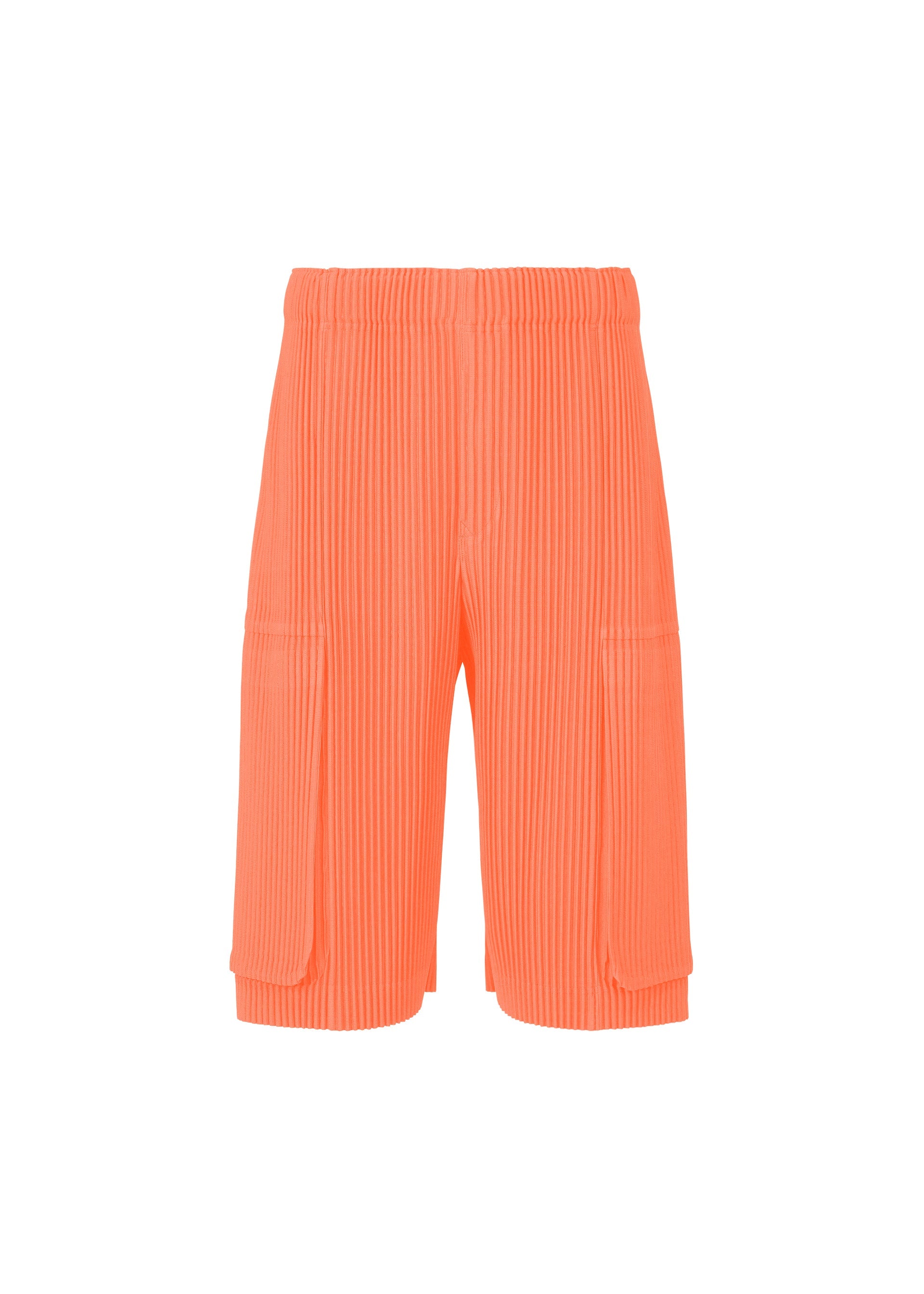 Zoomed view The MONTHLY COLORS : SEPTEMBER shorts by HOMME PLISSÉ ISSEY MIYAKE are vibrant orange, knee-length, and crafted from ribbed polyester with a textured finish. Featuring an elastic waistband and spacious side pockets, these quick-drying shorts are showcased against a plain white background. - FLASH ORANGE （no.33）