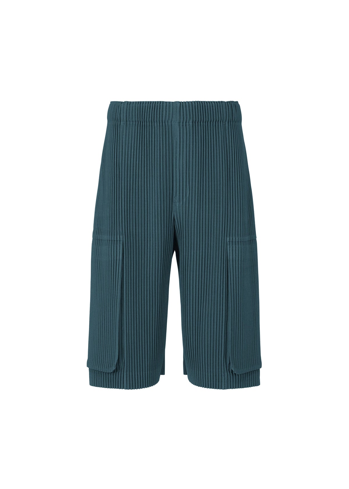 MONTHLY COLORS : SEPTEMBER shorts by HOMME PLISSÉ ISSEY MIYAKE are teal, pleated polyester shorts featuring an elastic waistband and large rectangular flap pockets on each side. These quick-drying shorts are shown on a plain white background. view 3 of 7
