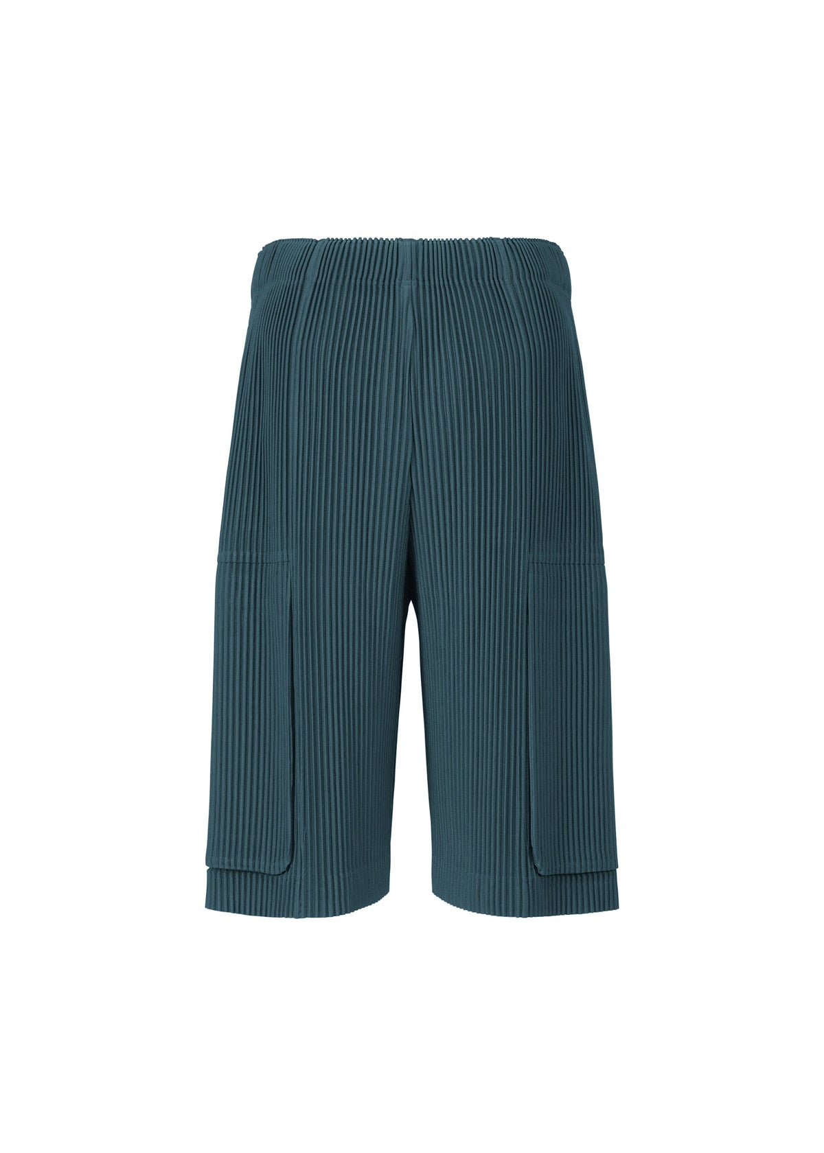 MONTHLY COLORS : SEPTEMBER shorts by HOMME PLISSÉ ISSEY MIYAKE in teal, featuring ribbed, quick-drying fabric, an elastic waistband, and two large front pockets, displayed against a white background. view 4 of 7