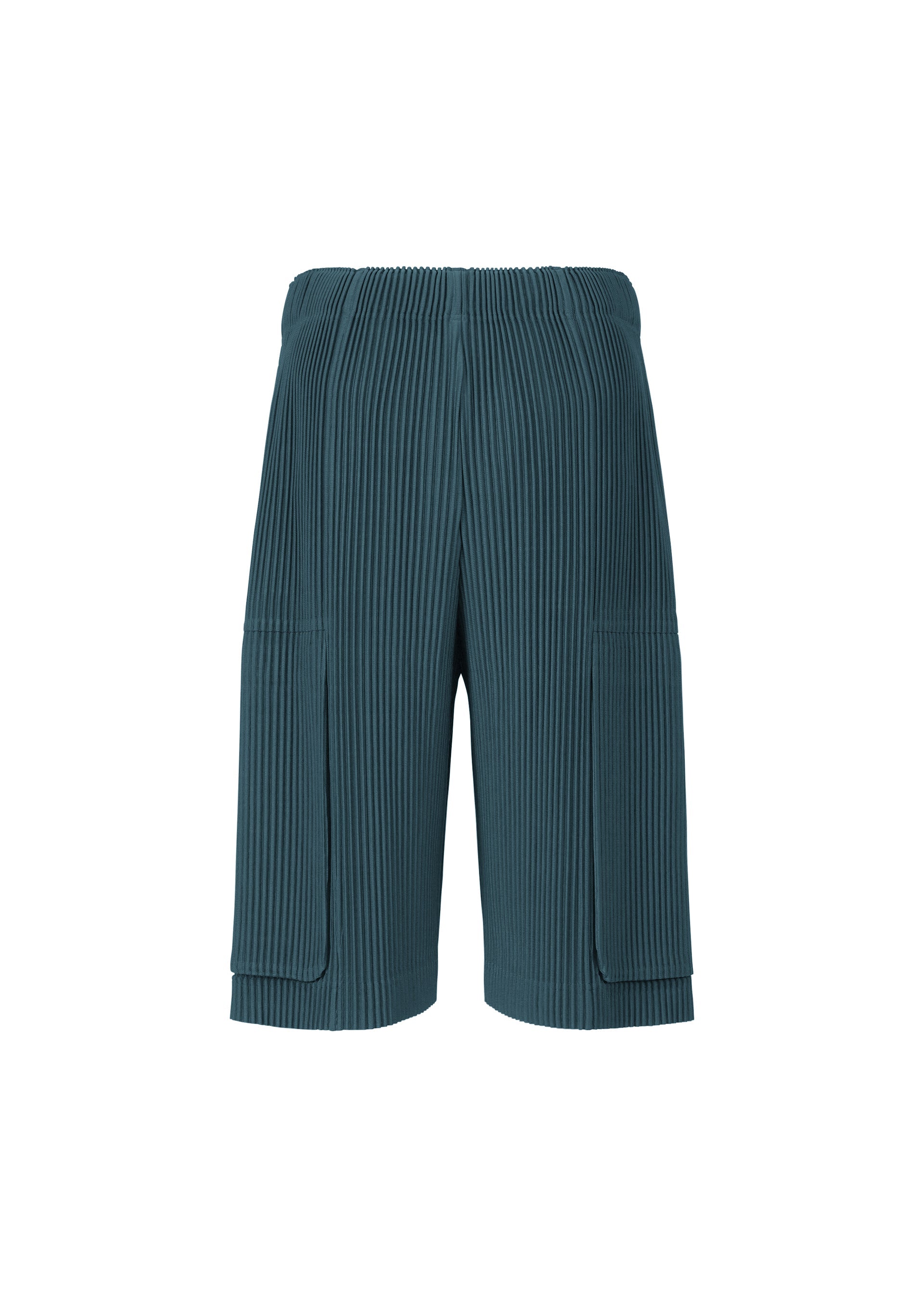 Zoomed view MONTHLY COLORS : SEPTEMBER shorts by HOMME PLISSÉ ISSEY MIYAKE in teal, featuring ribbed, quick-drying fabric, an elastic waistband, and two large front pockets, displayed against a white background.