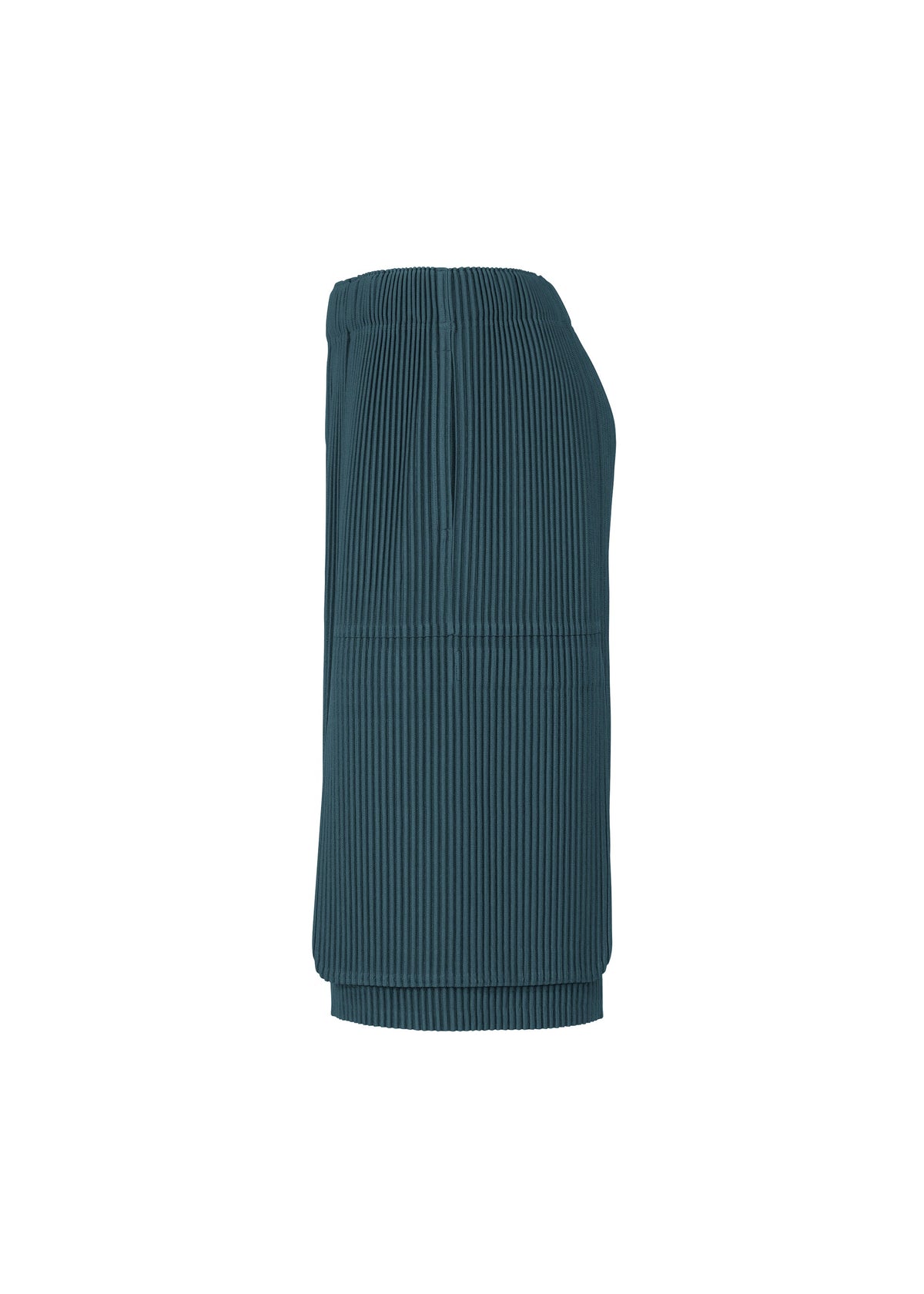 The MONTHLY COLORS : SEPTEMBER skirt by HOMME PLISSÉ ISSEY MIYAKE is a teal, knee-length piece featuring a vertical ribbed texture, an elastic waistband, and a relaxed fit. Crafted from quick-drying polyester for easy care, the skirt is displayed in a side view against a plain white background. view 5 of 7